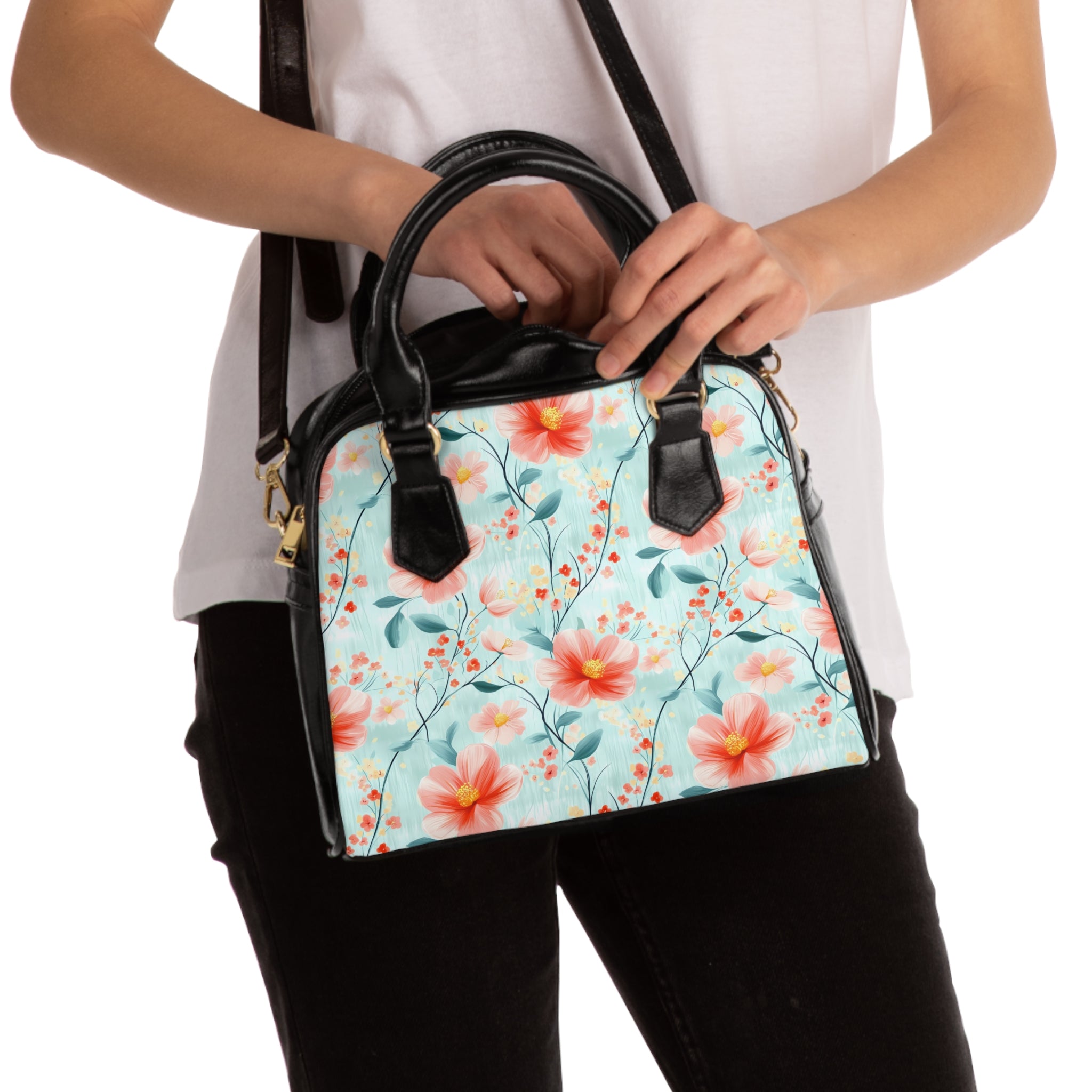 Teal Daisy-Floral Shoulder Handbag, Stylish Handbag, Summer Bag, Gift for Her, Spring Fashion Accessory, Floral Print Purse