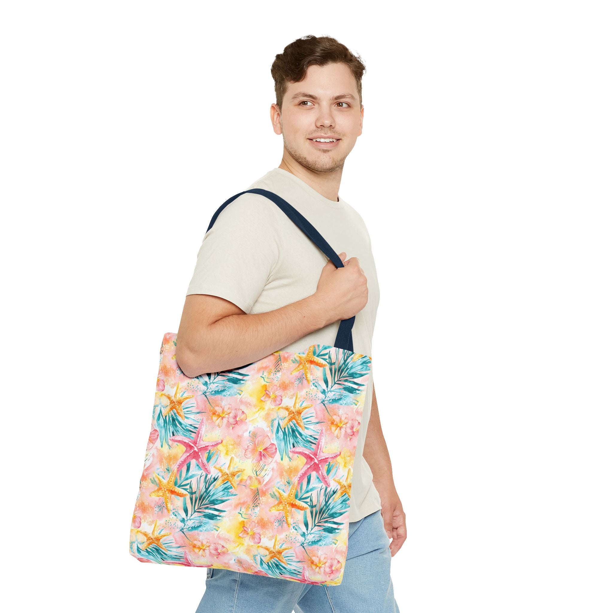 Pink tropical Starfish Tote Bag - Tropical Floral Print, Beach Essentials, Eco-Friendly, Gift for Her, Summer Vibes, Shopping Companion