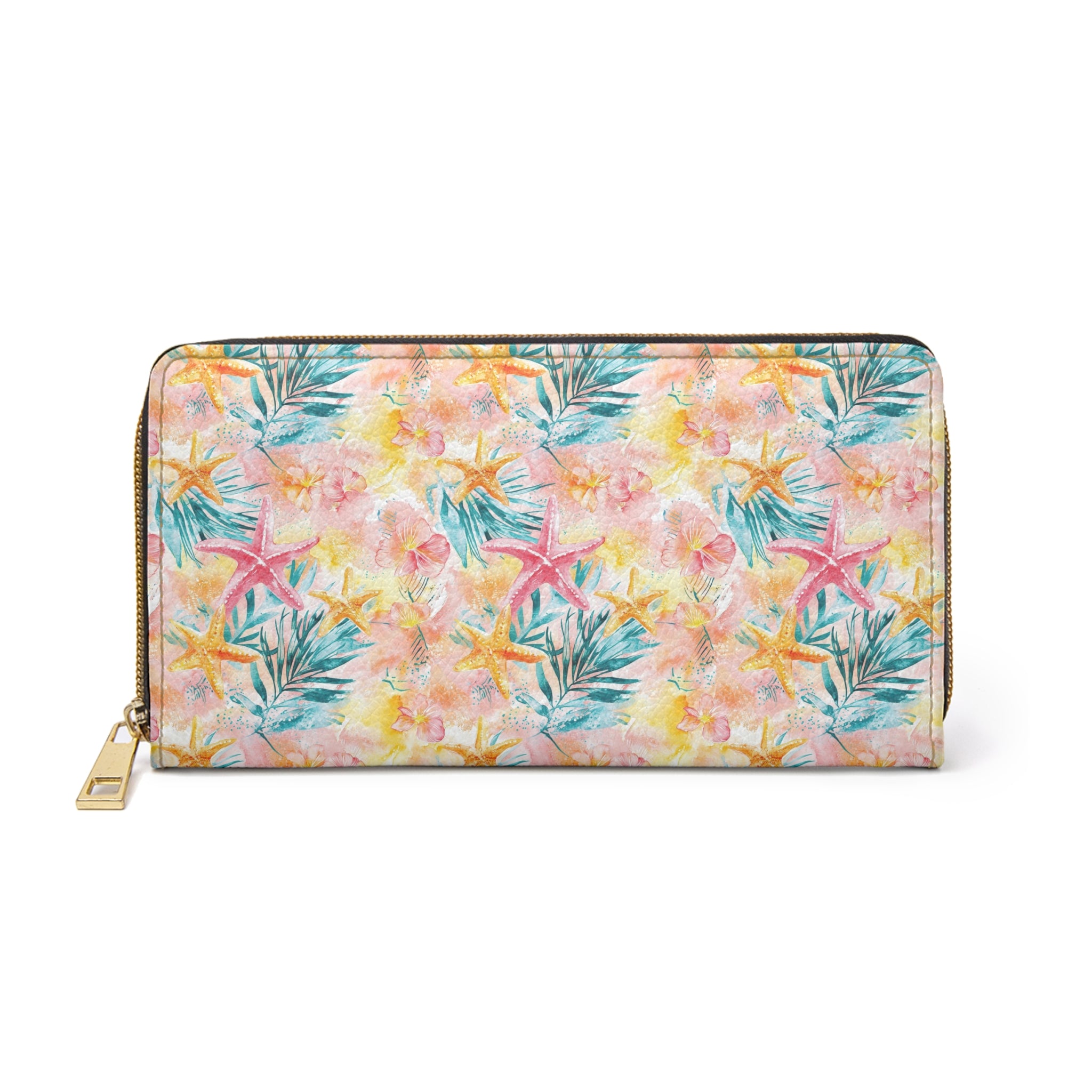Pink Tropical Starfish Vegan Leather Wallet, Travel Accessory, Summer Gift, Floral Pattern Purse, Everyday Organizer, Beach Style Clutch
