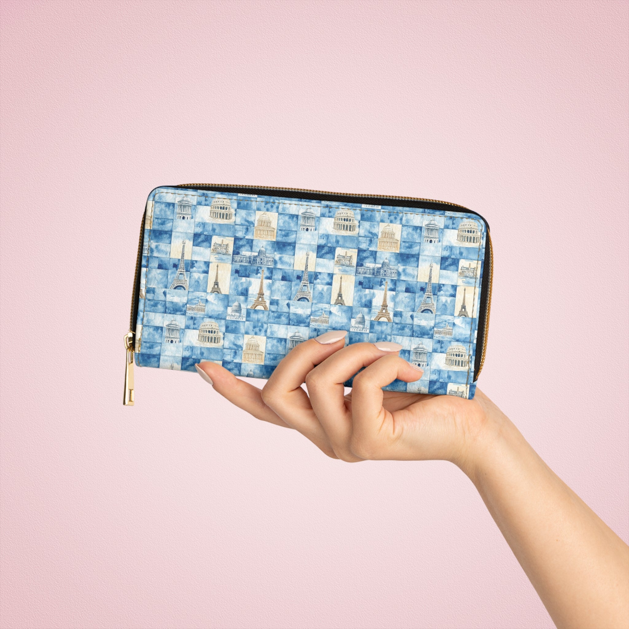 Europe Inspired Vegan Leather Wallet, Chic Travel Zipper Wallet in Parisian Design, Fashion Wallet for Women, Elegant Zip Wallet, Gift for Travelers, Stylish Accessory
