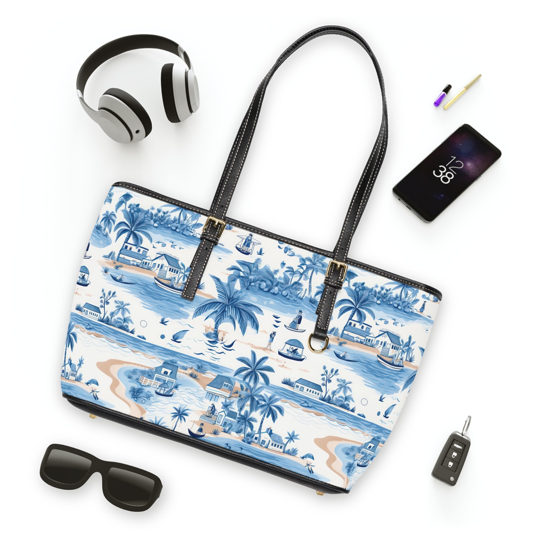 Tropical Blue- PU Leather Shoulder Bag, Tropical Handbag, Beach Tote, Travel Purse, Boho Fashion Bag, Summer Accessory