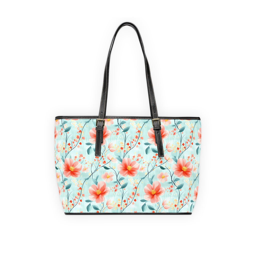 Teal Daisy-  PU Leather Tote Bag, Stylish Handbag for Spring, Floral Print Purse, Everyday Tote for Women, Gift for Her