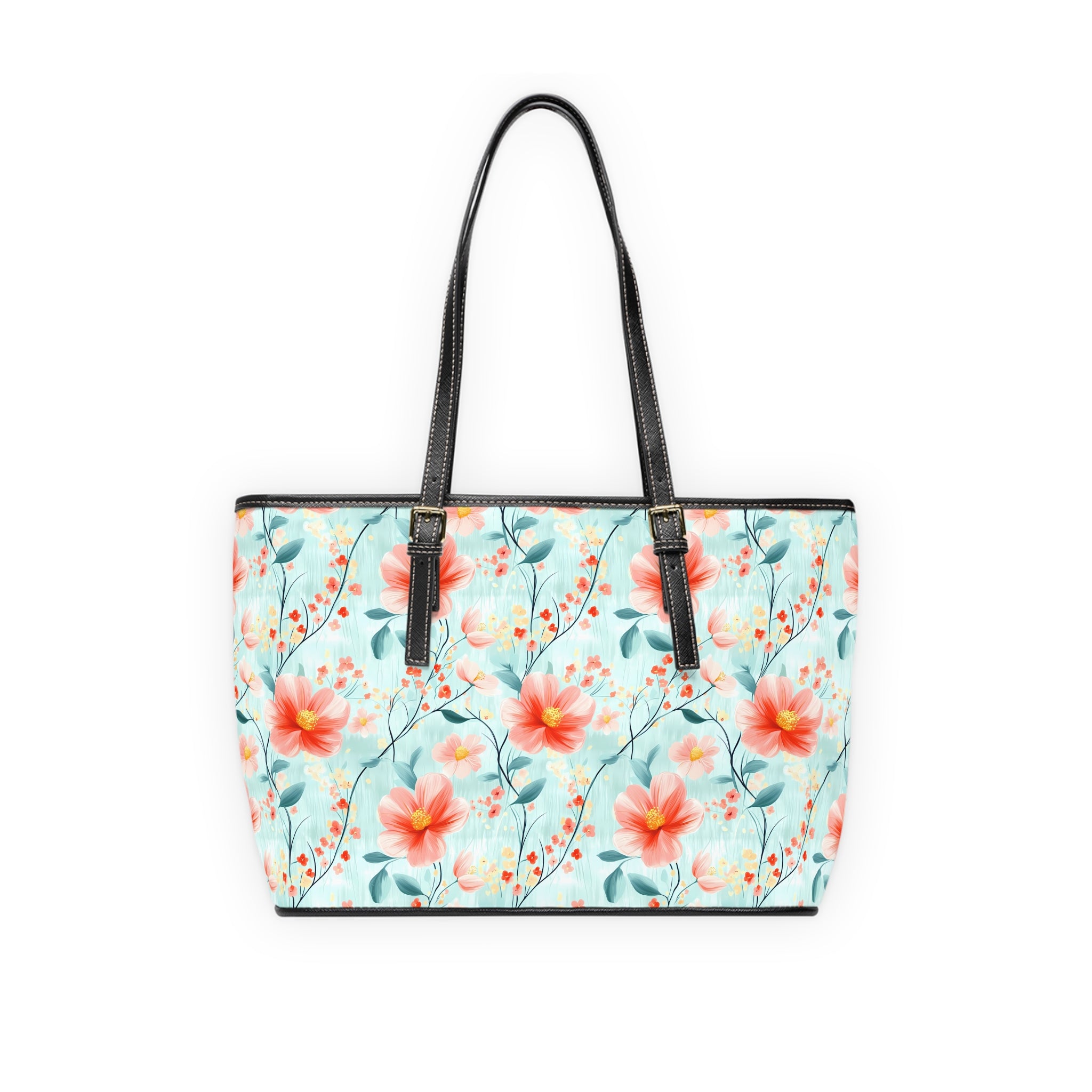Teal Daisy-  PU Leather Tote Bag, Stylish Handbag for Spring, Floral Print Purse, Everyday Tote for Women, Gift for Her