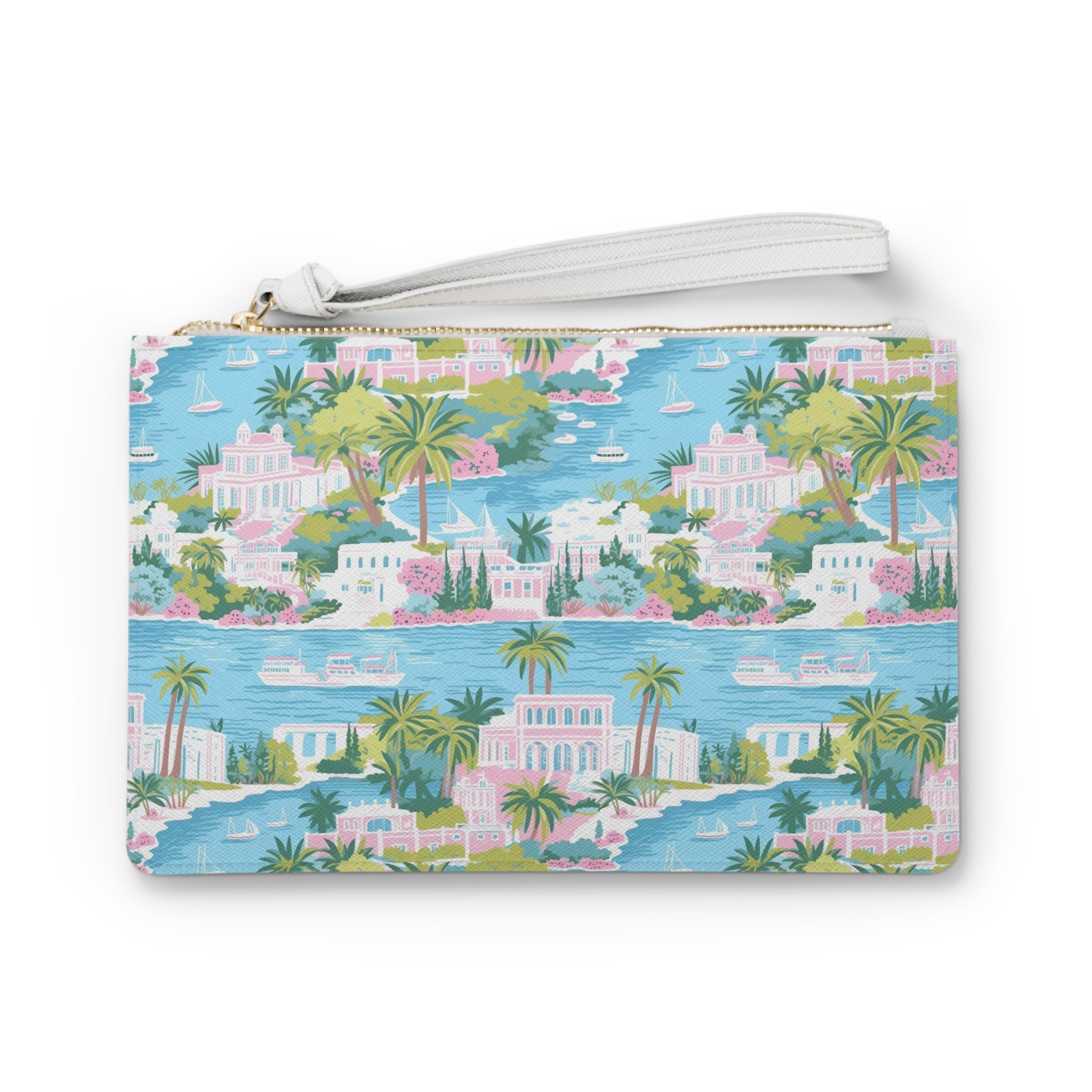 Greek Island Vegan Leather Clutch Bag - Beach Vibes, Summer Accessory, Gift for Her, Travel Pouch, Floral Cosmetic Case, Holiday Essential
