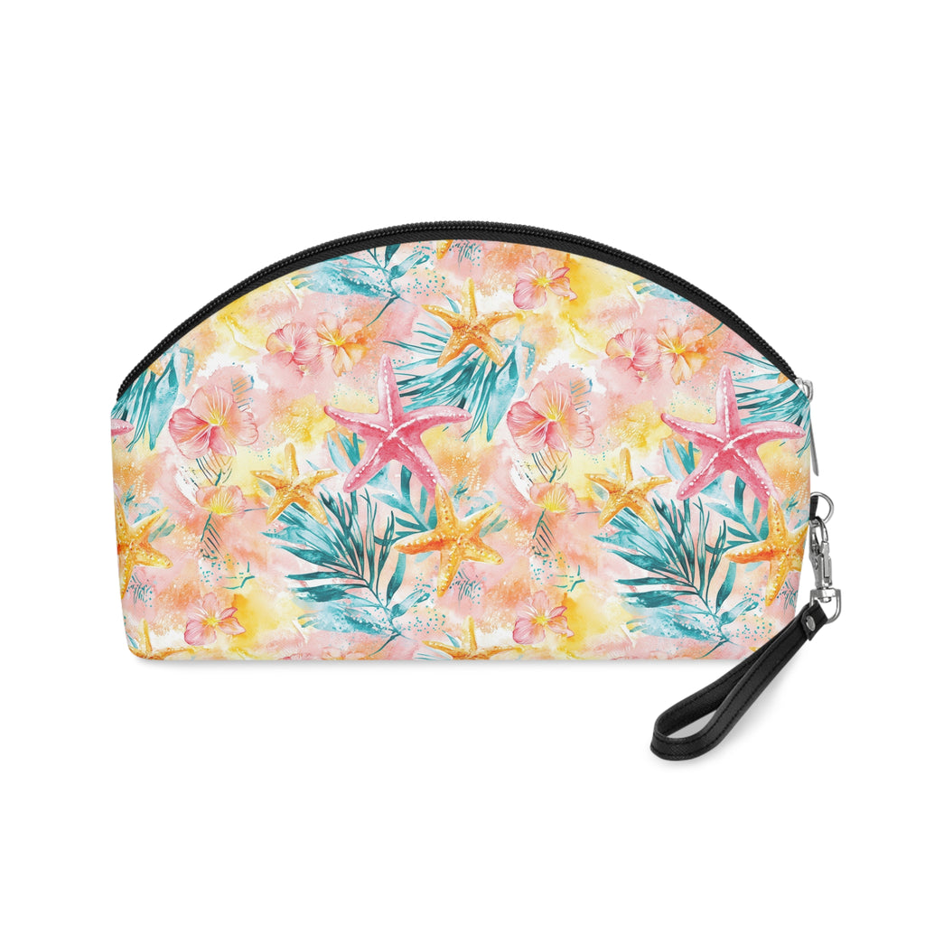 Pink Tropical Starfish Makeup Bag, PU Faux Leather Makeup Bag, Travel Makeup kit, Vacation Makeup bag, Bridesmaid Gift, Makeup Organizer