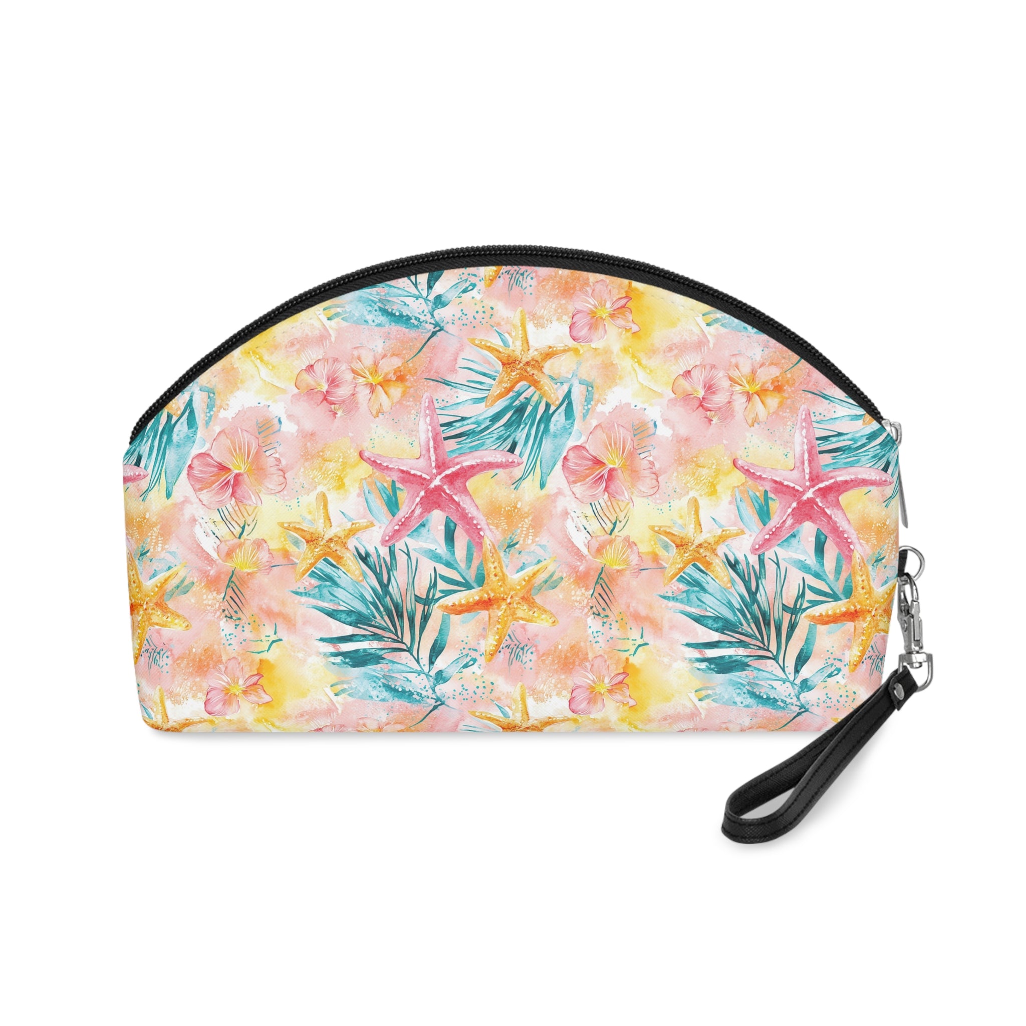 Pink Tropical Starfish Makeup Bag, PU Faux Leather Makeup Bag, Travel Makeup kit, Vacation Makeup bag, Bridesmaid Gift, Makeup Organizer