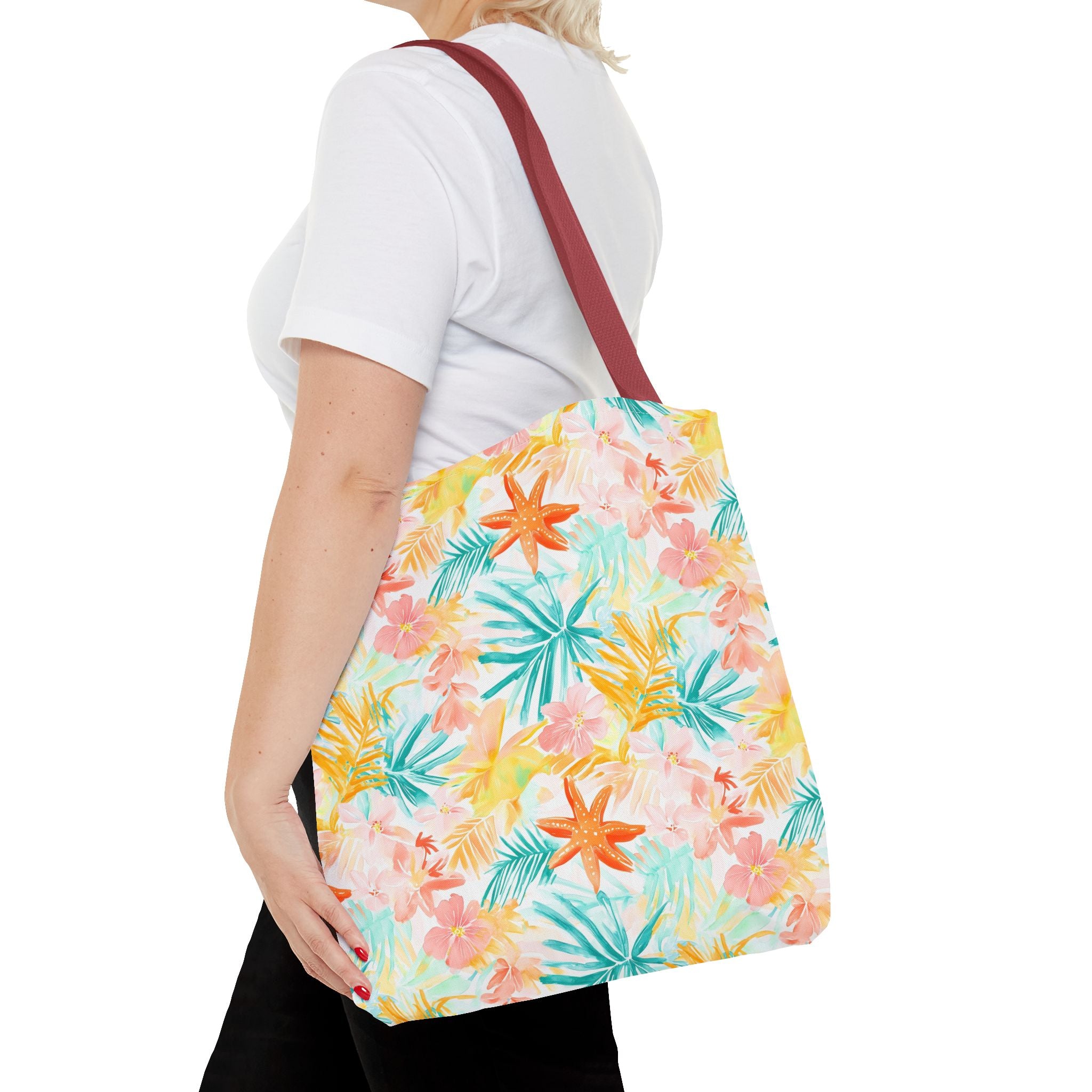 Tropical Starfish- Floral Tote Bag, Summer Beach Bag, Eco-Friendly Shopping Tote, Reusable Grocery Bag, Gift for Her
