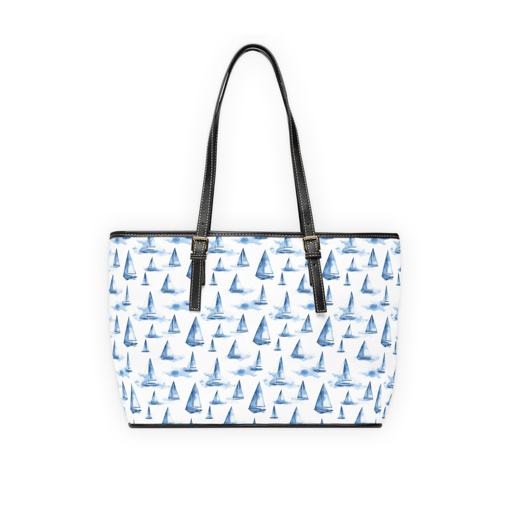 Blue Sailboat- Leather Shoulder Bag, Stylish Tote for Beach Days, Sailboat Design, Summer Travel, Gift for Sailors, Coastal Vibes