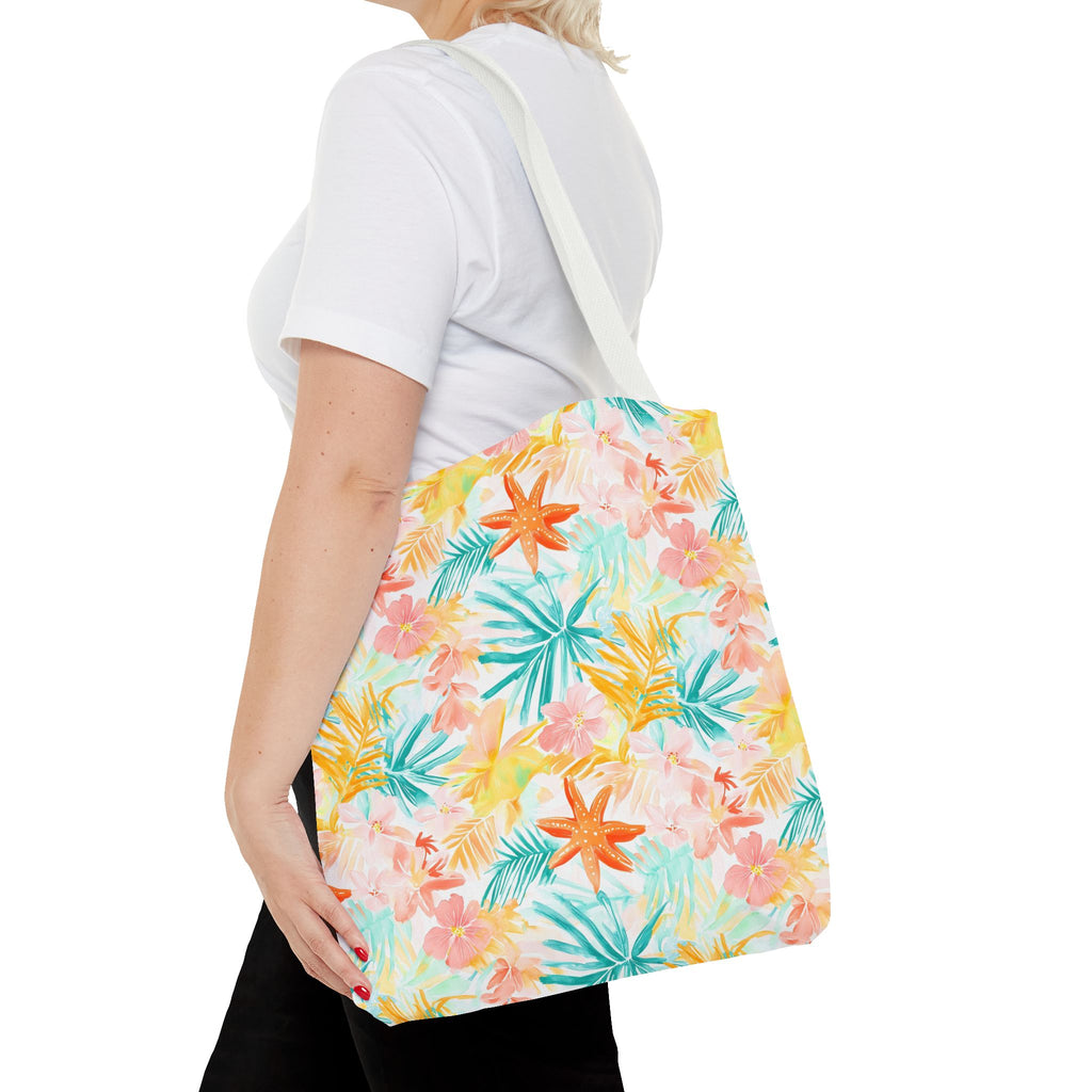 Tropical Starfish- Floral Tote Bag, Summer Beach Bag, Eco-Friendly Shopping Tote, Reusable Grocery Bag, Gift for Her