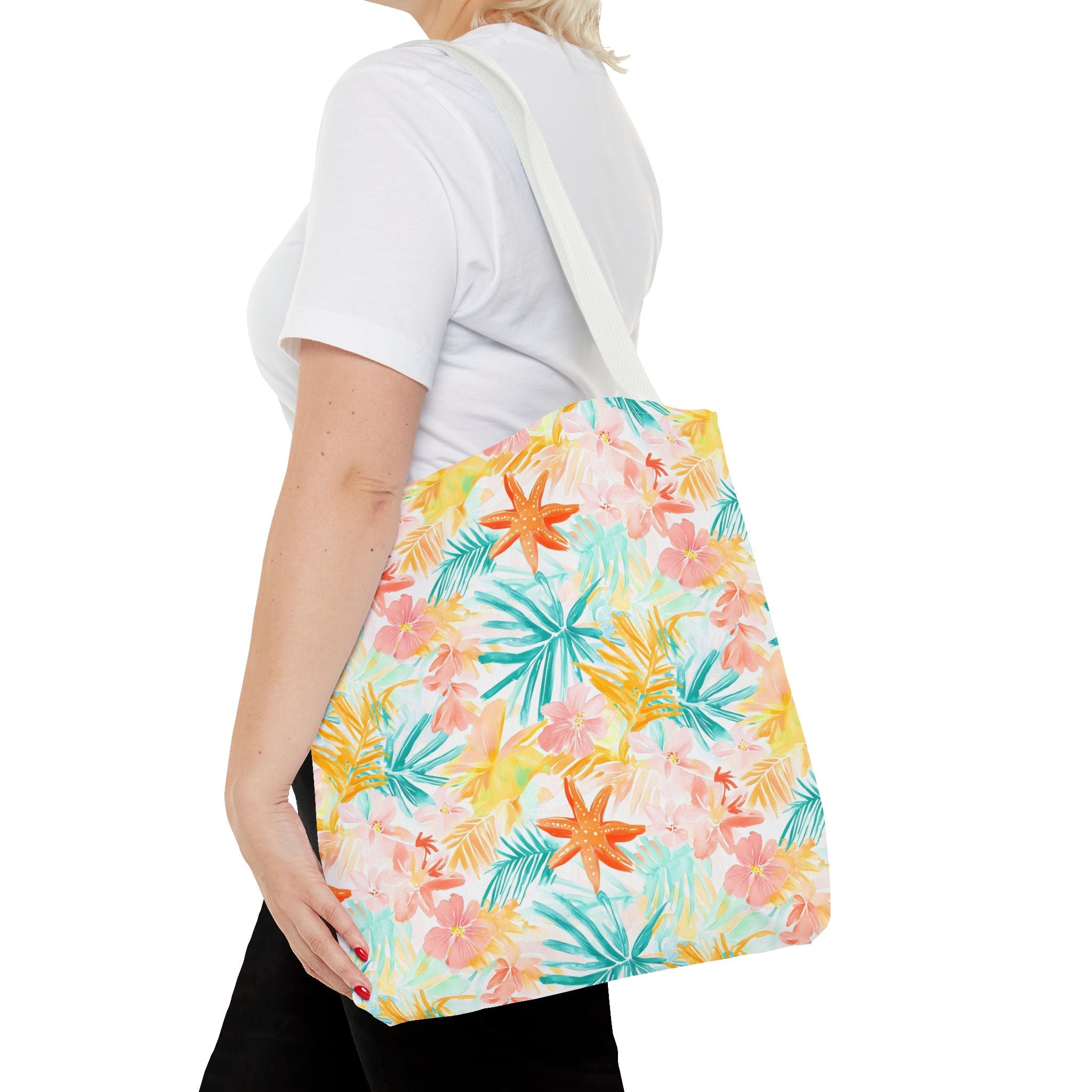 Tropical Starfish- Floral Tote Bag, Summer Beach Bag, Eco-Friendly Shopping Tote, Reusable Grocery Bag, Gift for Her