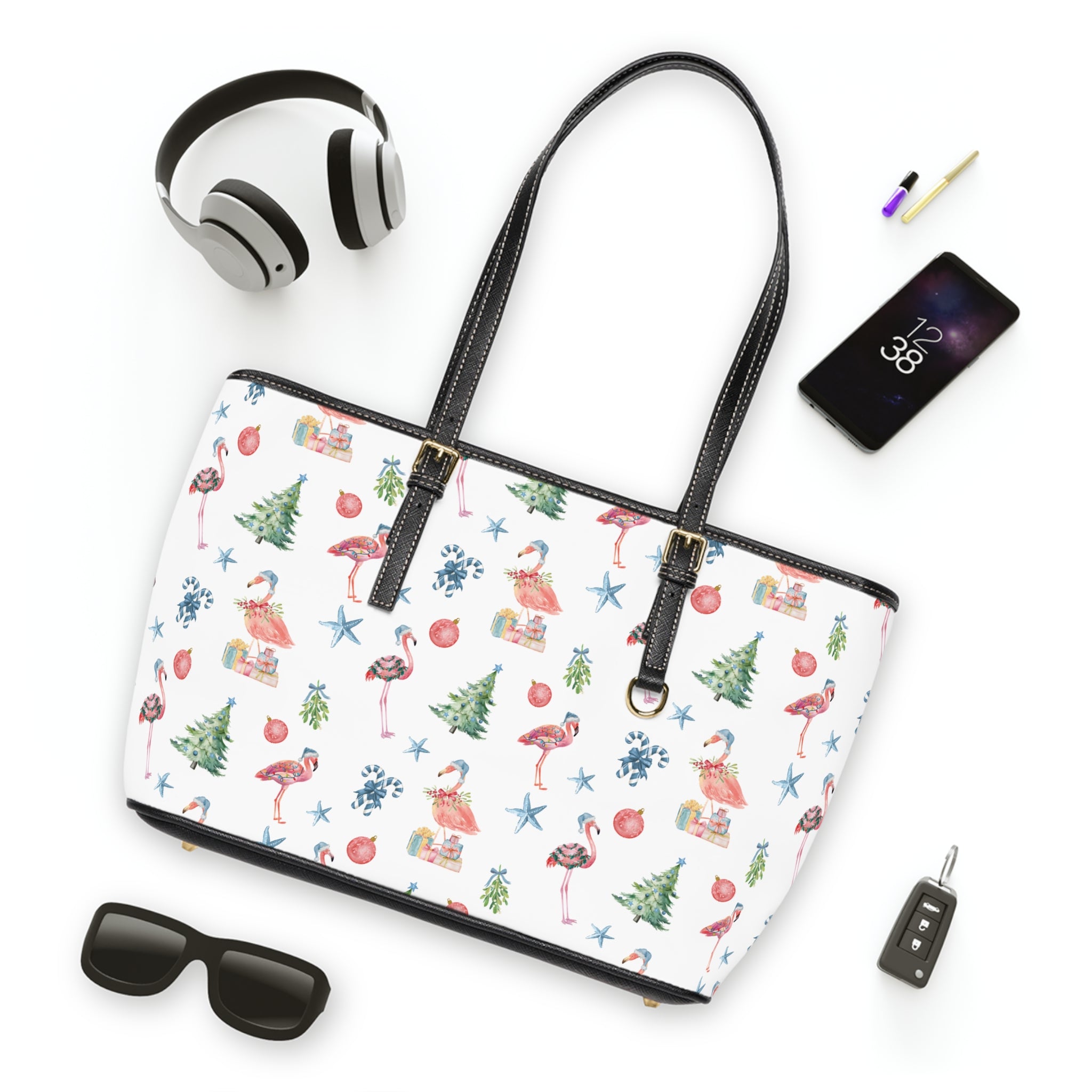Christmas Flamingo Shoulder Bag, PU Leather Tote, Holiday Handbag, Christmas Gift, Tropical Vibes, Summer Style
