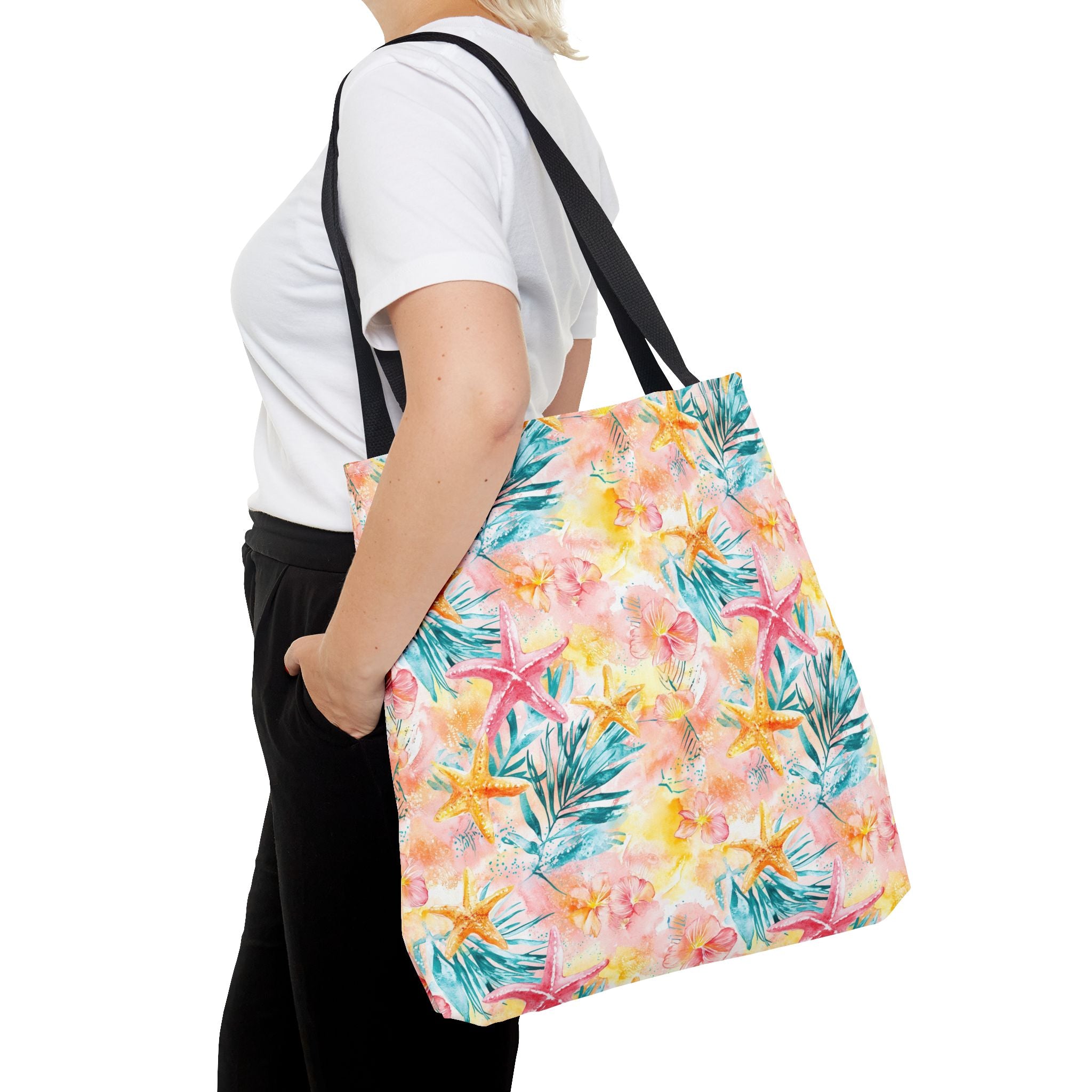 Pink tropical Starfish Tote Bag - Tropical Floral Print, Beach Essentials, Eco-Friendly, Gift for Her, Summer Vibes, Shopping Companion