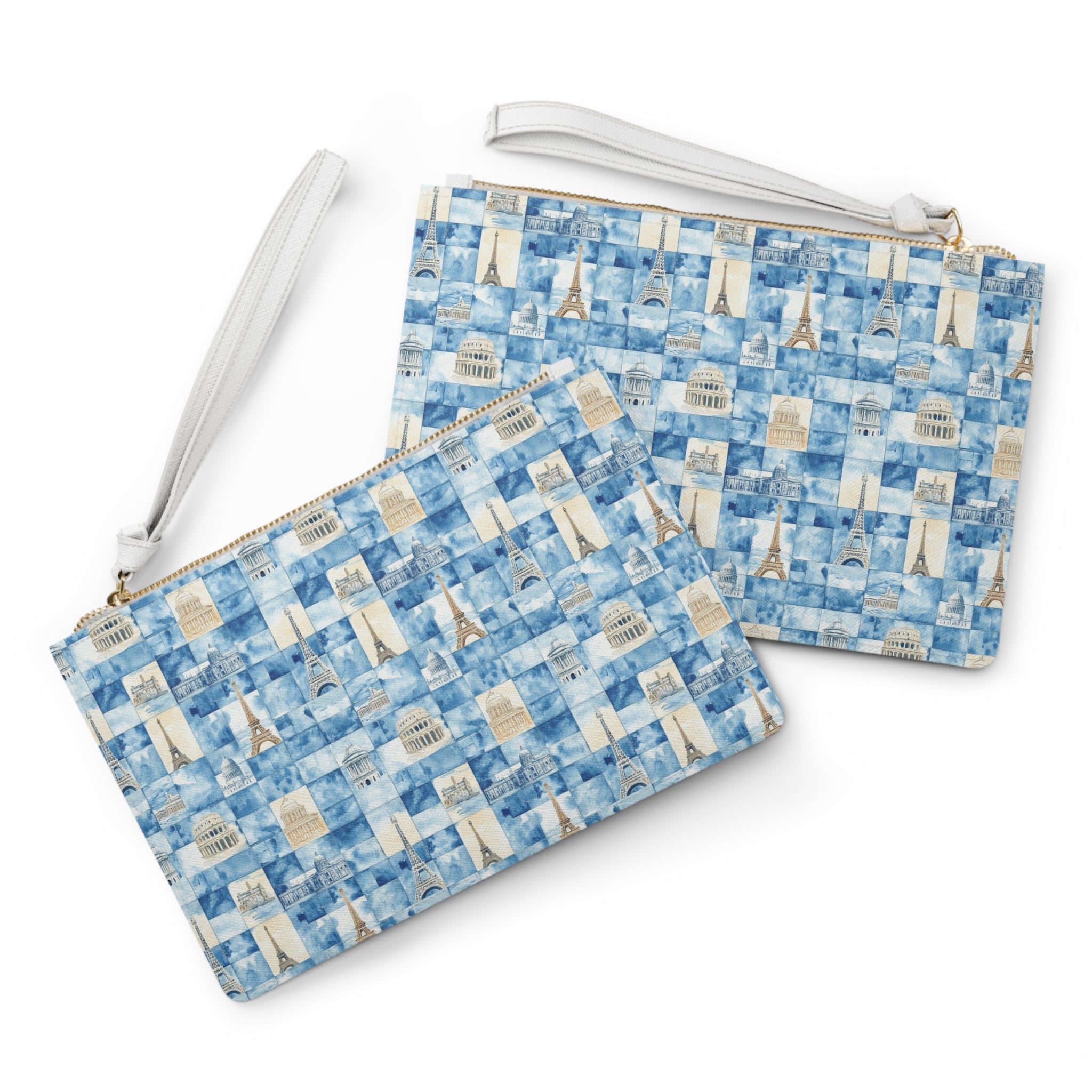 Europe Vegan Leather Clutch Bag- Fashion Lovers, Blue Paris Print, Perfect for Gifts, Accessories, Occasions, and More