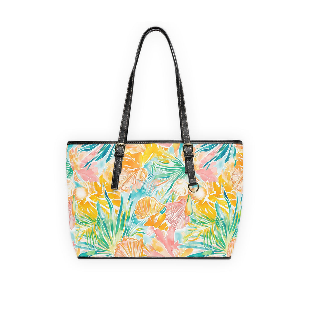 Neon Tropics- PU Leather Shoulder Bag, Summer Tote, Floral Handbag, Vacation Purse, Trendy Everyday Bag