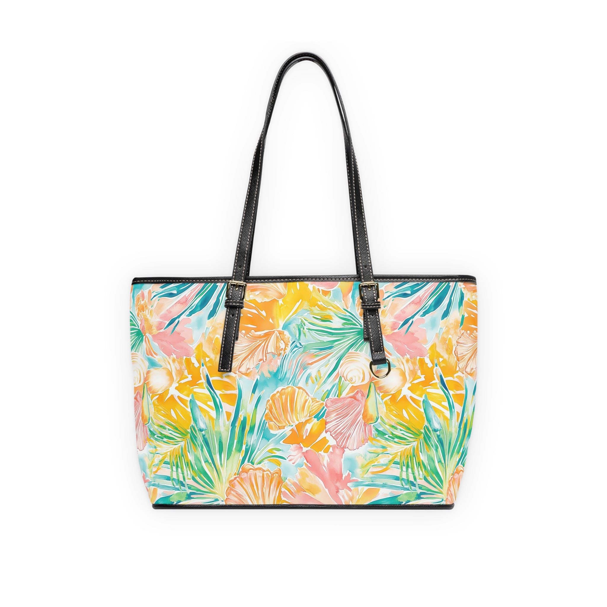 Neon Tropics- PU Leather Shoulder Bag, Summer Tote, Floral Handbag, Vacation Purse, Trendy Everyday Bag