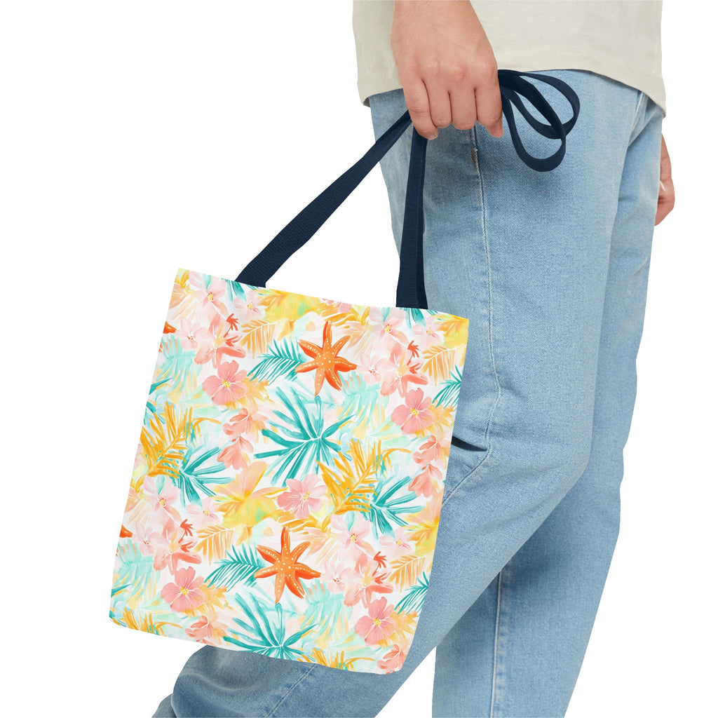 Tropical Starfish- Floral Tote Bag, Summer Beach Bag, Eco-Friendly Shopping Tote, Reusable Grocery Bag, Gift for Her