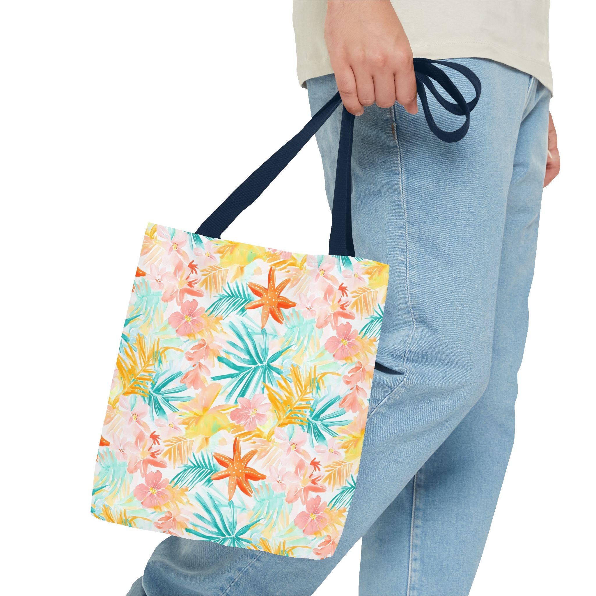 Tropical Starfish- Floral Tote Bag, Summer Beach Bag, Eco-Friendly Shopping Tote, Reusable Grocery Bag, Gift for Her
