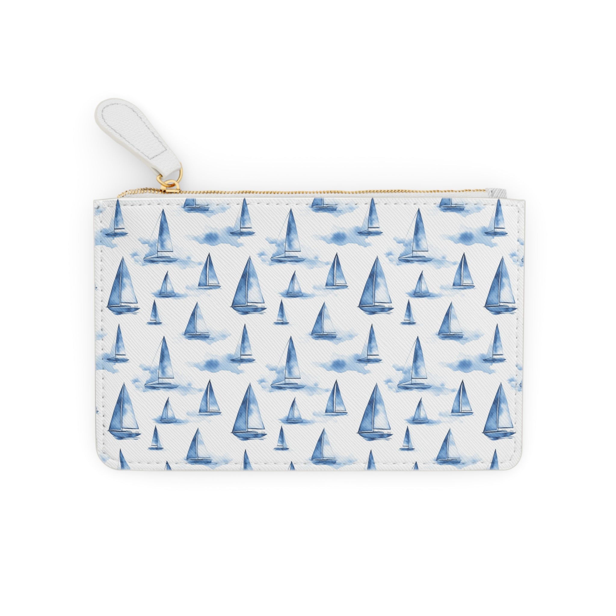 Blue Sailboat  Mini Vegan Leather Clutch Bag, Beach Accessory, Travel Cosmetic Pouch, Gift for Sailors, Marine Themed Handbag