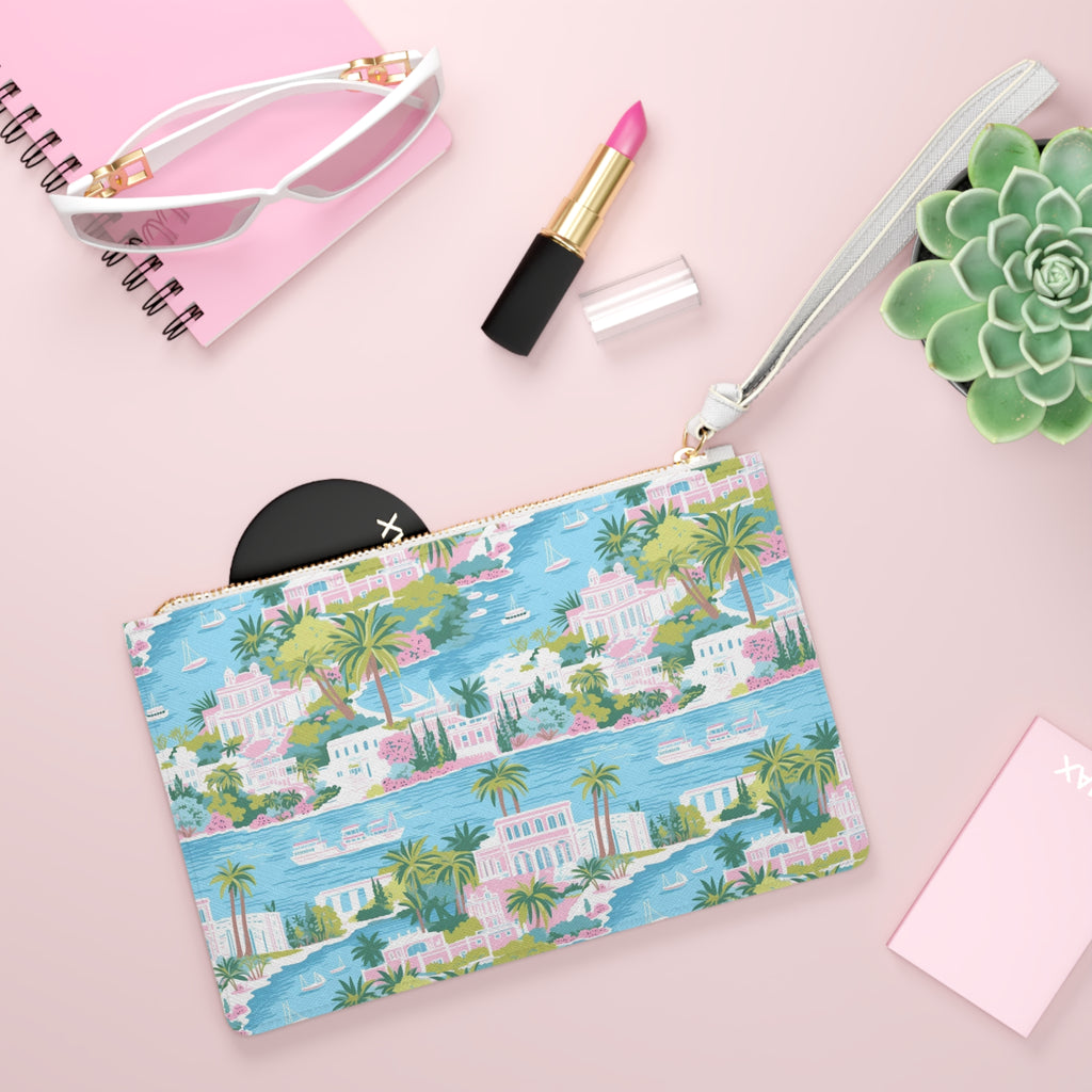 Greek Island Vegan Leather Clutch Bag - Beach Vibes, Summer Accessory, Gift for Her, Travel Pouch, Floral Cosmetic Case, Holiday Essential