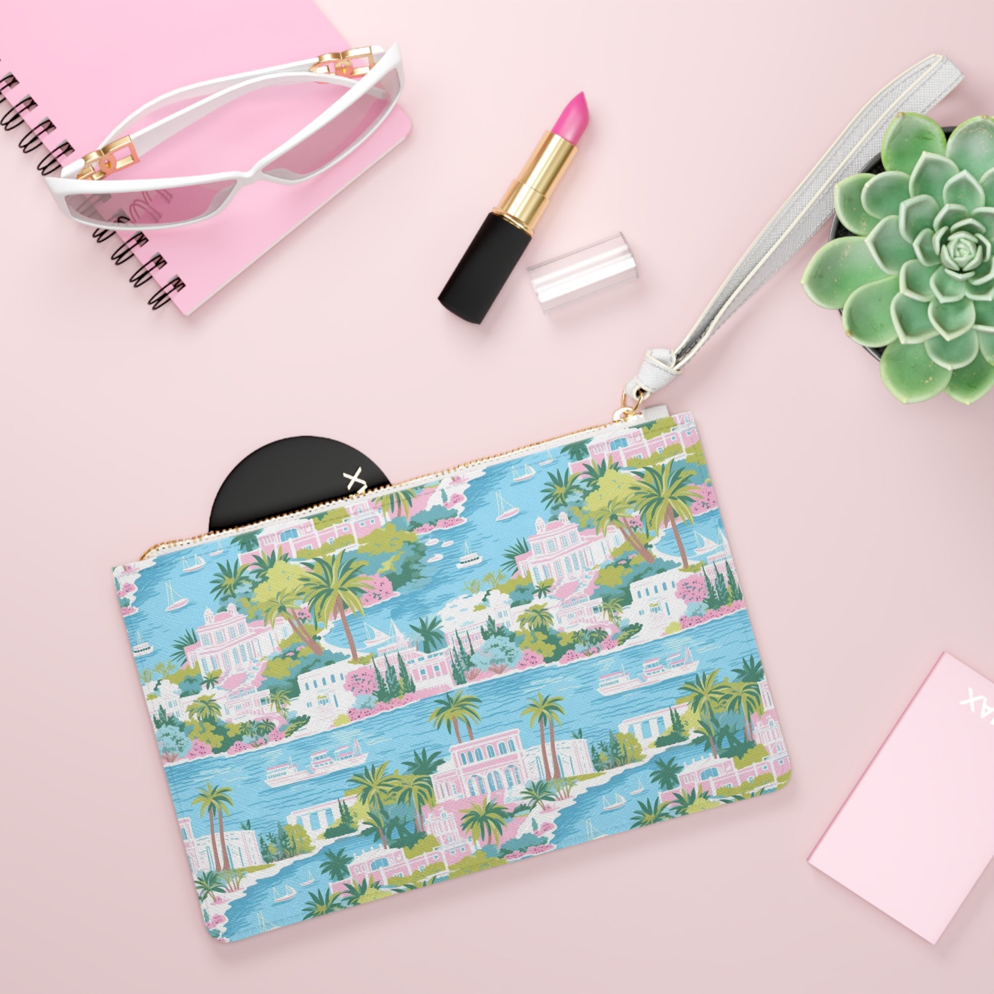 Greek Island Vegan Leather Clutch Bag - Beach Vibes, Summer Accessory, Gift for Her, Travel Pouch, Floral Cosmetic Case, Holiday Essential