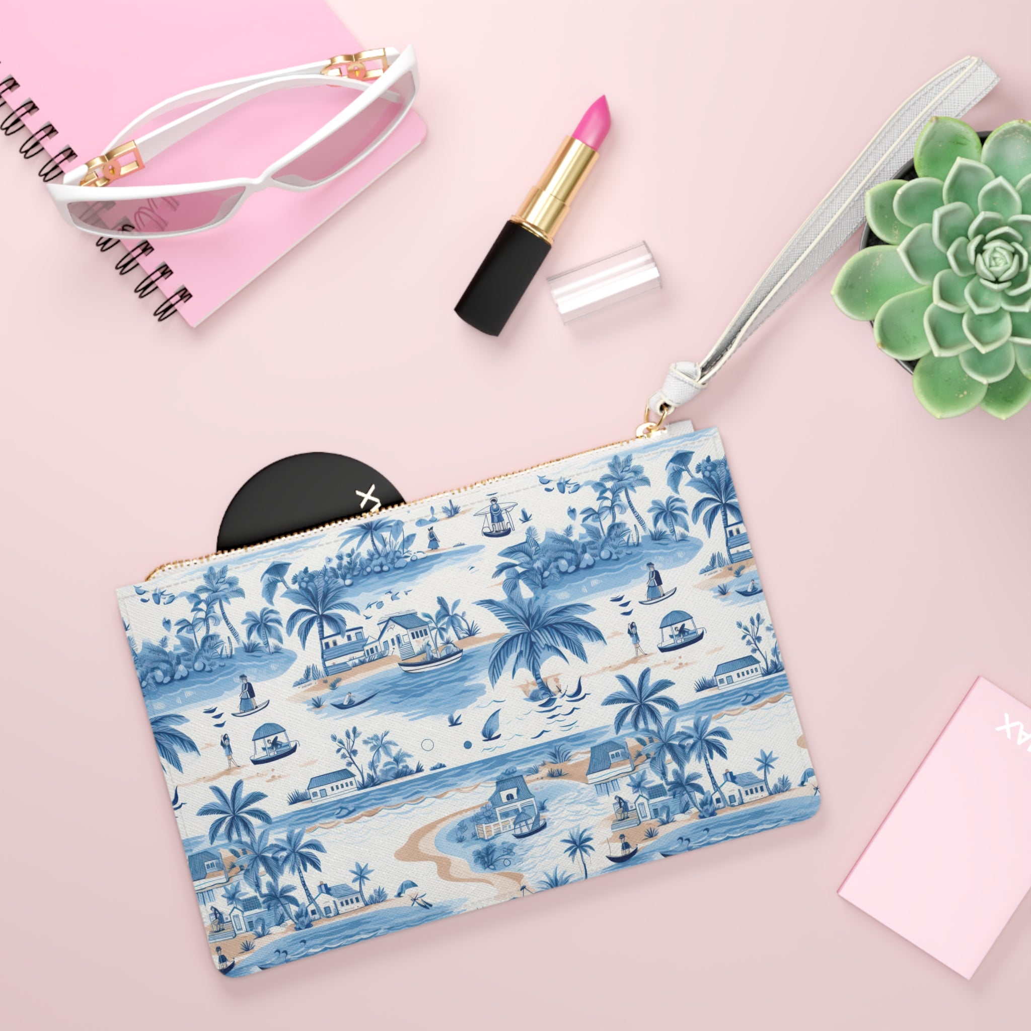 Tropical Blue Vegan Leather Clutch Bag - Beach Vibes, Travel Accessory, Summer Essentials, Gift for Her, Stylish Pouch
