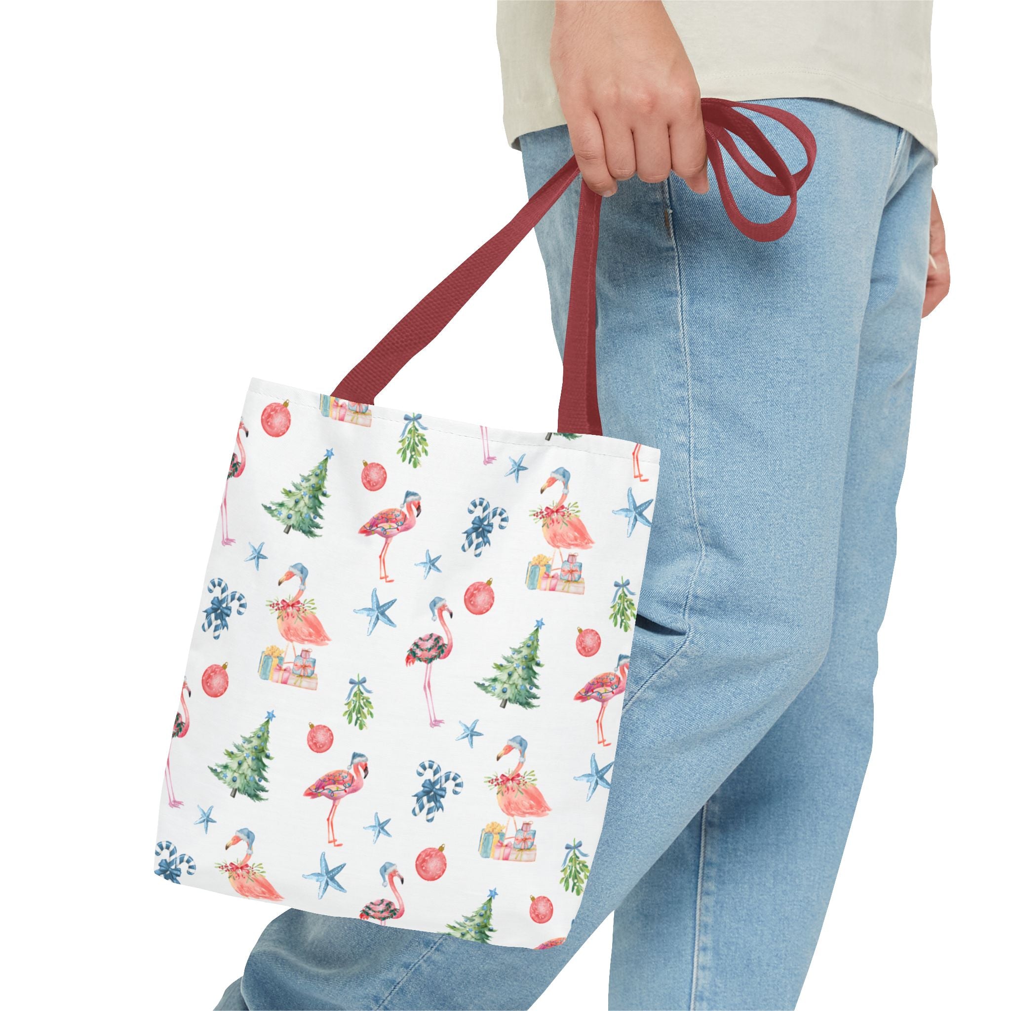 Christmas Flamingo Tote Bag, Holiday Gift, Summer Vibes, Beach Bag, Floral Shopper, Eco-Friendly，Gift Bag, Christmas Tote