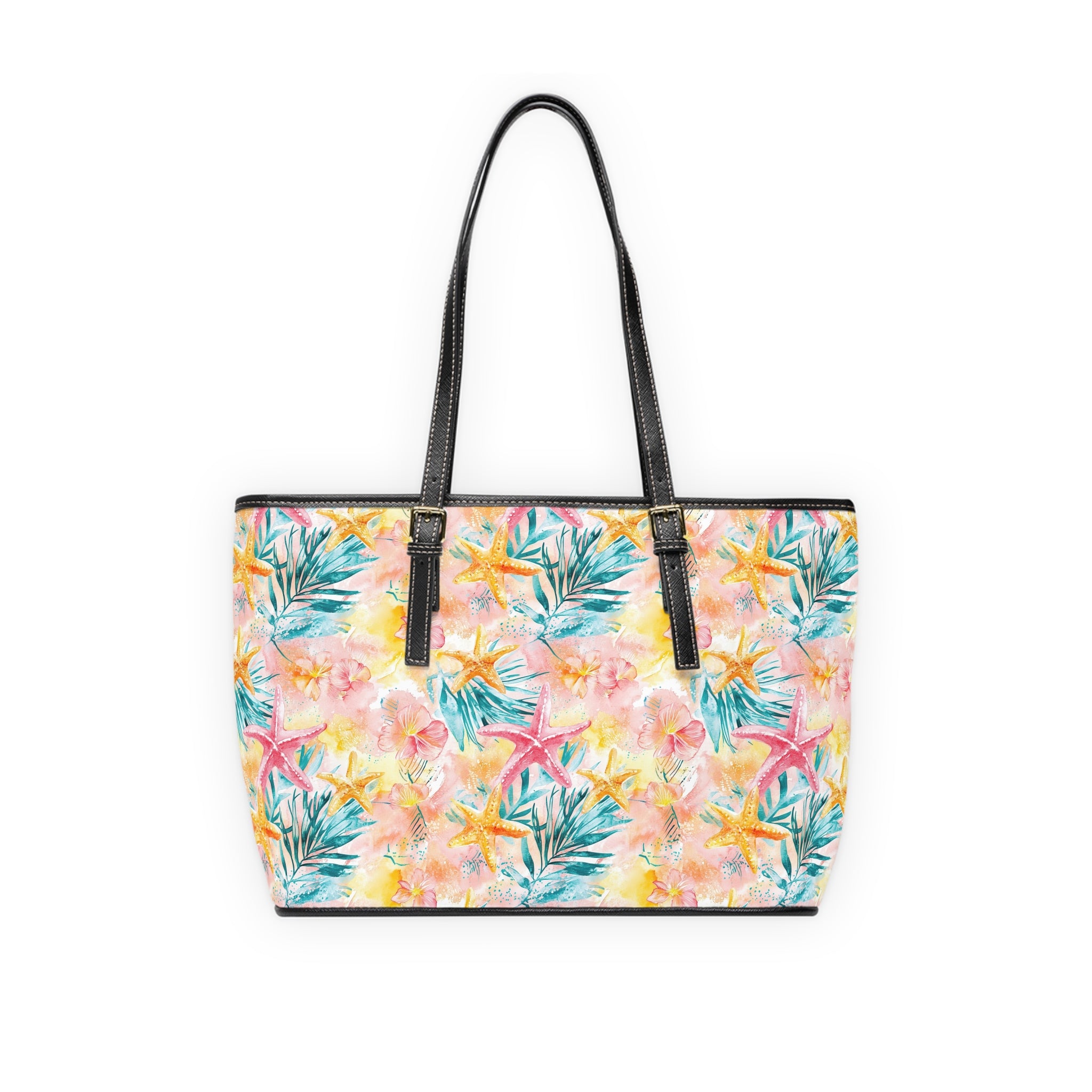 Pink Tropical Starfish- PU Leather Shoulder Bag, Stylish Handbag for Beach, Vacation Tote, Floral Print Purse, Perfect Gift for Summer