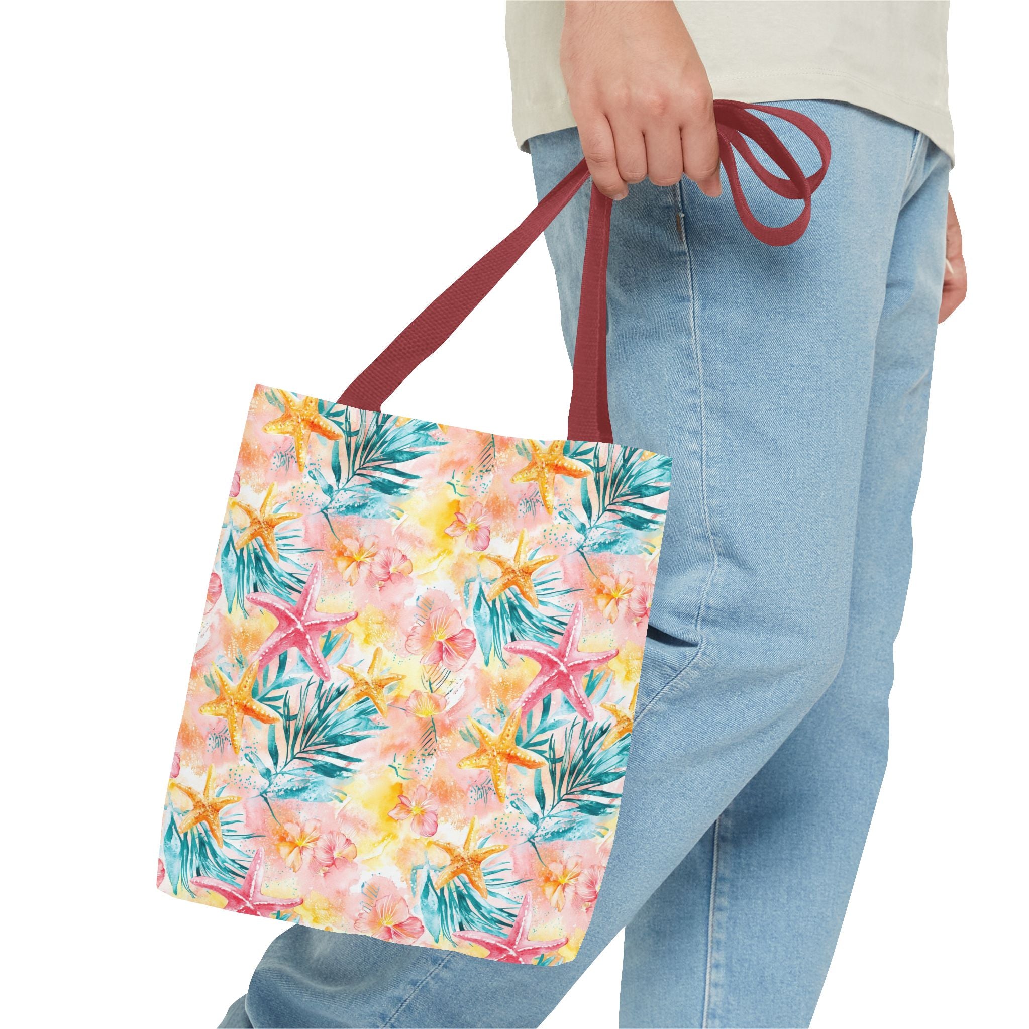 Pink tropical Starfish Tote Bag - Tropical Floral Print, Beach Essentials, Eco-Friendly, Gift for Her, Summer Vibes, Shopping Companion