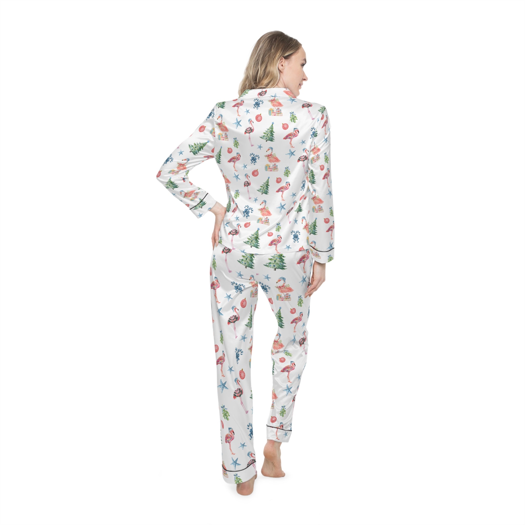 Christmas Flamingo Satin Pajamas Set, Cozy Sleepwear, Holiday Gift, Relaxation Loungewear, Cute Pajama Set, Festive Pattern PJs