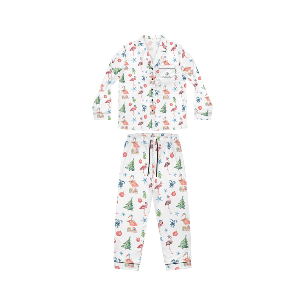 Christmas Flamingo Satin Pajamas Set, Cozy Sleepwear, Holiday Gift, Relaxation Loungewear, Cute Pajama Set, Festive Pattern PJs