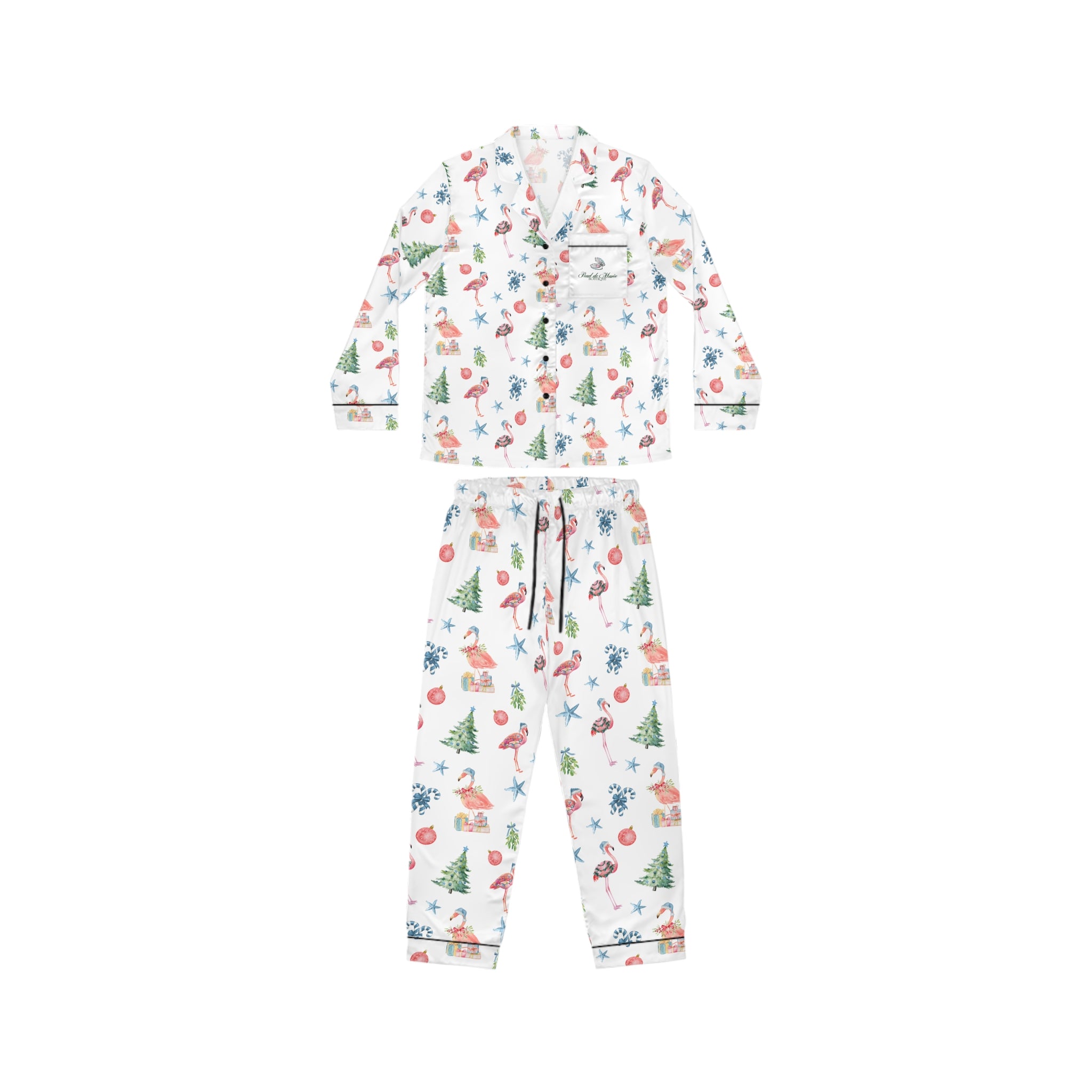 Christmas Flamingo Satin Pajamas Set, Cozy Sleepwear, Holiday Gift, Relaxation Loungewear, Cute Pajama Set, Festive Pattern PJs
