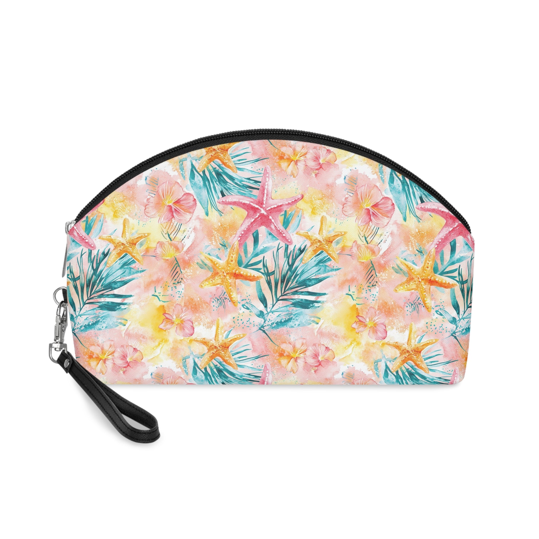 Pink Tropical Starfish Makeup Bag, PU Faux Leather Makeup Bag, Travel Makeup kit, Vacation Makeup bag, Bridesmaid Gift, Makeup Organizer