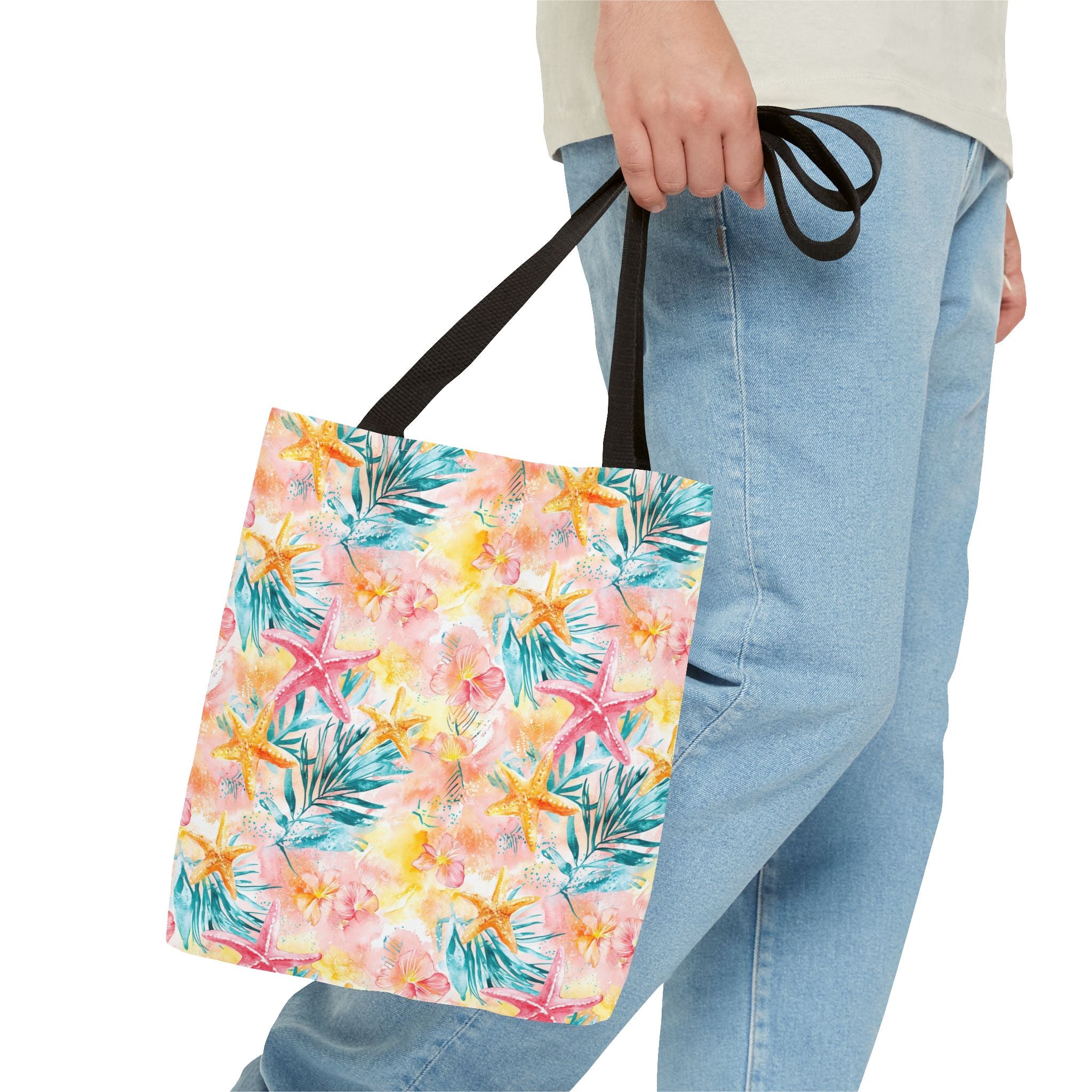 Pink tropical Starfish Tote Bag - Tropical Floral Print, Beach Essentials, Eco-Friendly, Gift for Her, Summer Vibes, Shopping Companion