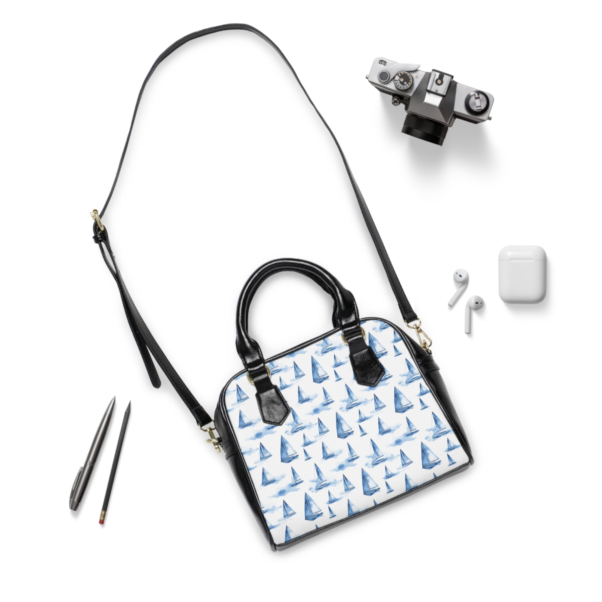 Blue Sailboat - Print Shoulder Handbag - Stylish Tote for Beach Days, Travel, Everyday Use, Gift for Sailors, Ocean Lovers