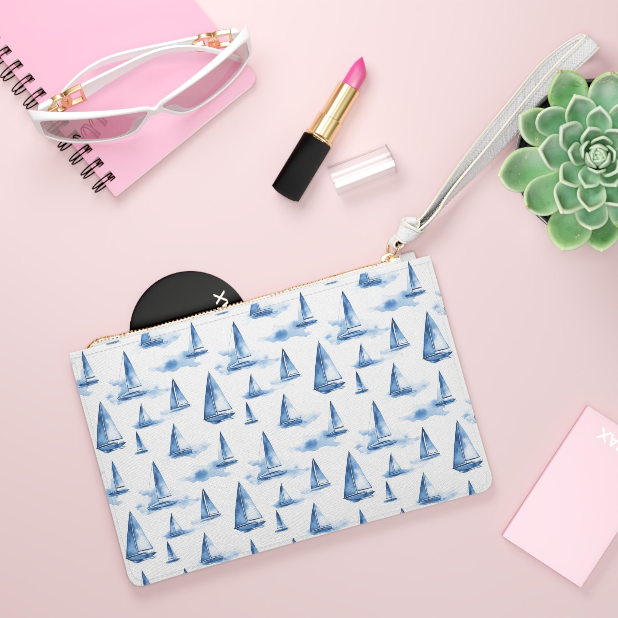 Blue Sailboats Vegan Leather Clutch Bag, Nautical Clutch for Beach Days, Travel Accessory, Gift for Sailors, Summer Essentials, Ocean Vibes