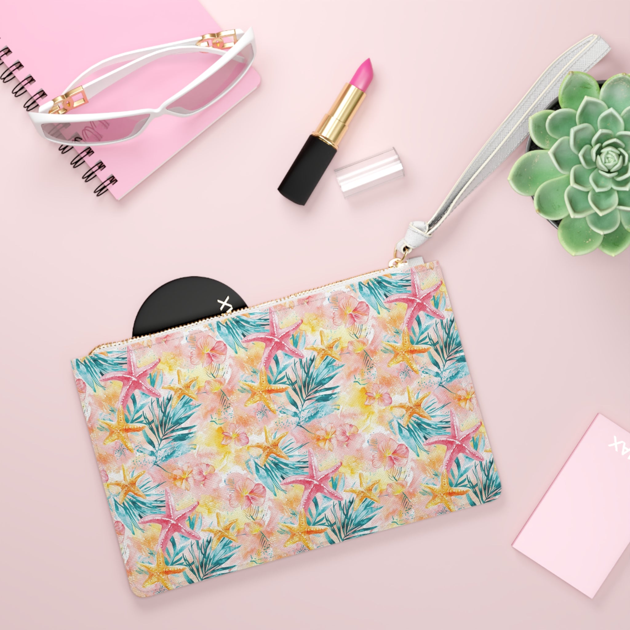 Pink Tropical Starfish Vegan Leather Clutch Bag, Summer Accessory, Travel Purse, Beach Clutch, Floral Handbag, Gift for Her, Vacation Essentials