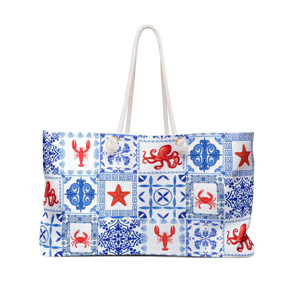 Greek Sea- Blue and Red Nautical Weekender Bag - Perfect for Beach Trips, Travel, Gym, Weekend Getaways, Tote Bag