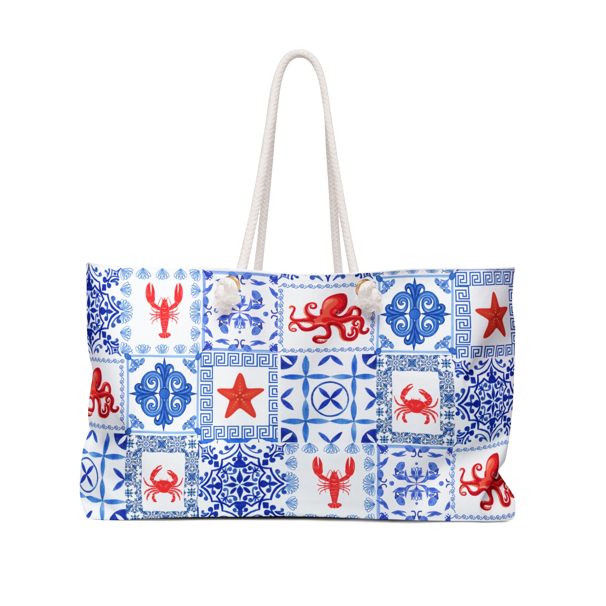 Greek Sea- Blue and Red Nautical Weekender Bag - Perfect for Beach Trips, Travel, Gym, Weekend Getaways, Tote Bag