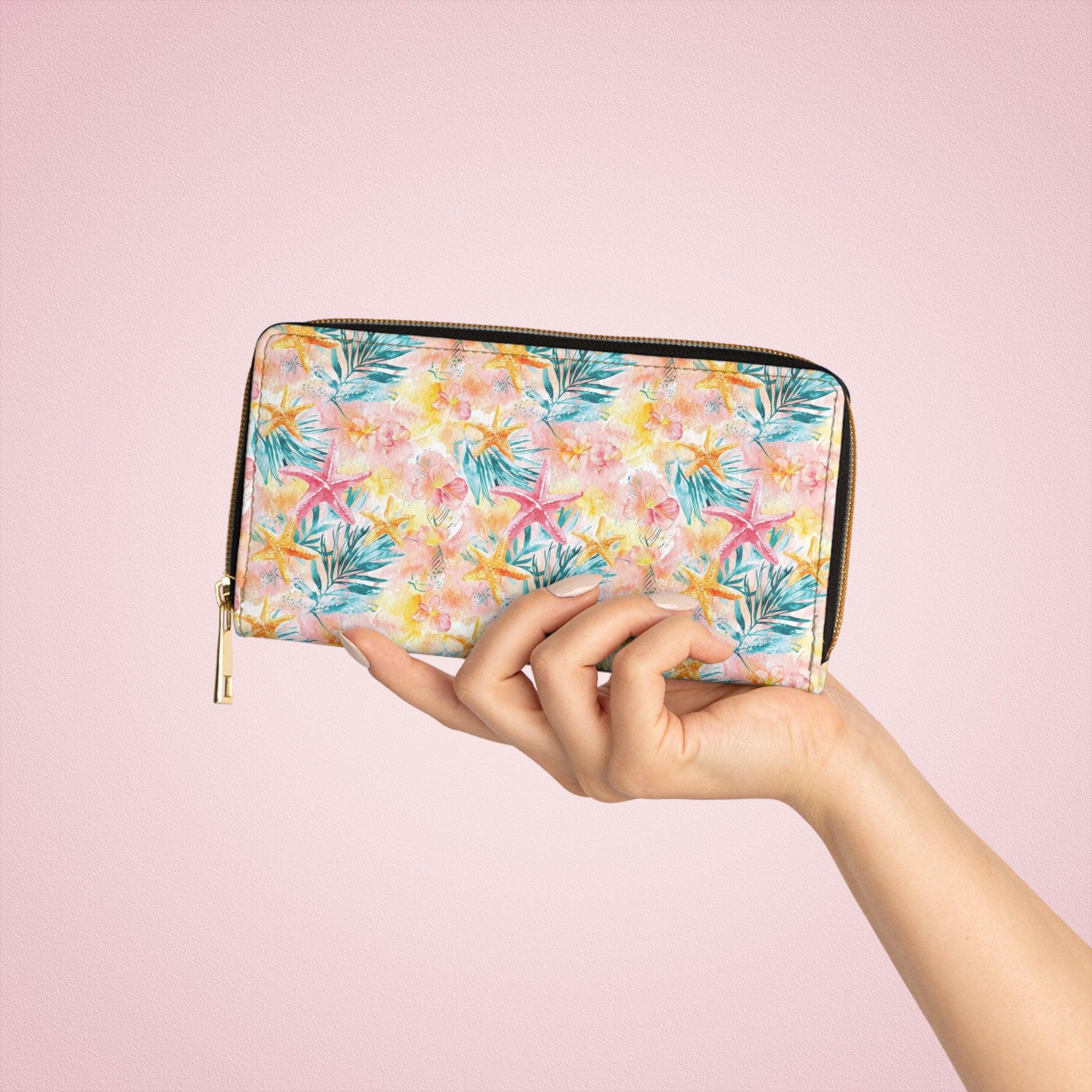 Pink Tropical Starfish Vegan Leather Wallet, Travel Accessory, Summer Gift, Floral Pattern Purse, Everyday Organizer, Beach Style Clutch