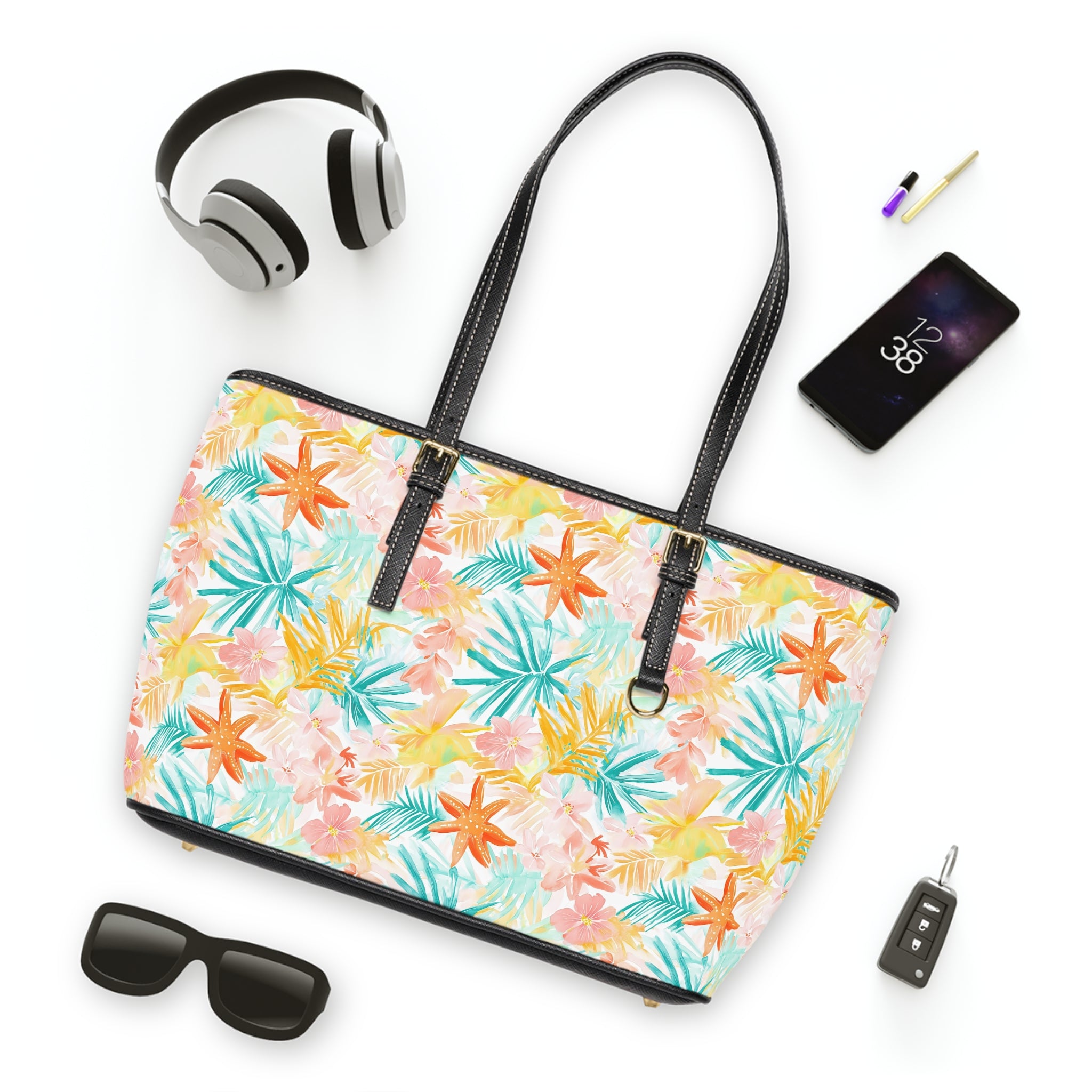 Tropical Starfish- PU Leather Shoulder Bag - Perfect for Day Trips, Beach Outings, or Vacation - Stylish Tote, Summer Handbag, Gift for Her