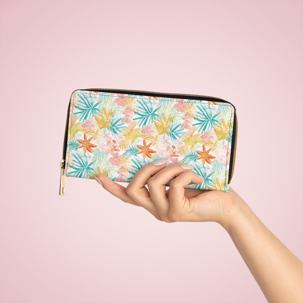 Tropical Starfish Vegan Leather Wallet, Zipper Wallet with Floral Design, Summer Accessory, Gift for Her, Travel Organizer, Stylish Coin Purse, Beach Vibes