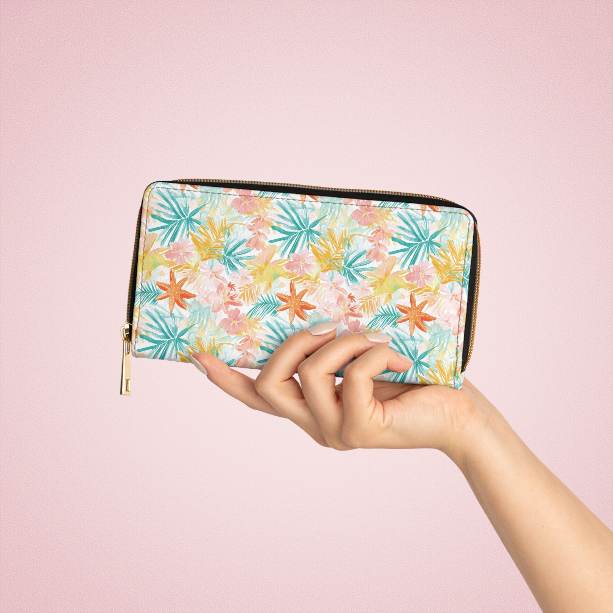 Tropical Starfish Vegan Leather Wallet, Zipper Wallet with Floral Design, Summer Accessory, Gift for Her, Travel Organizer, Stylish Coin Purse, Beach Vibes