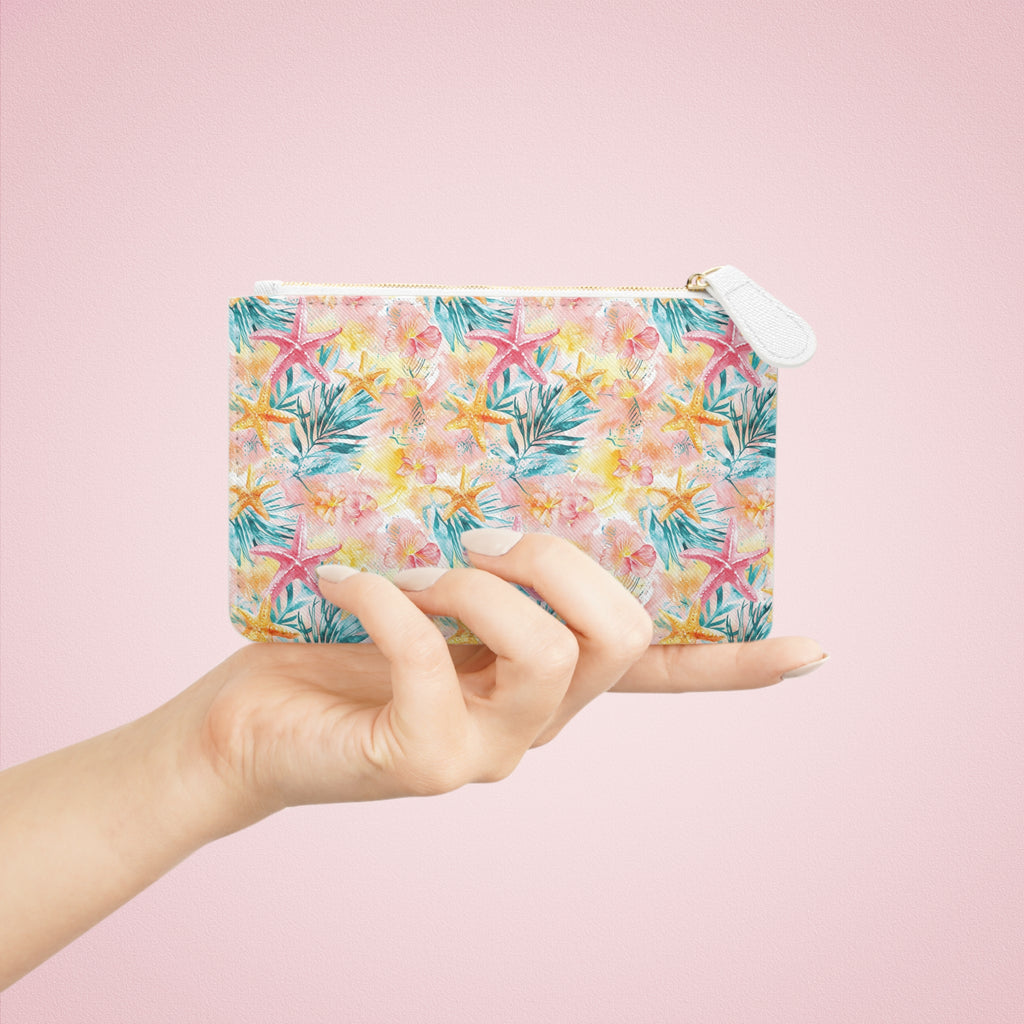 Pink Tropical Starfish Mini Vegan Leather Clutch Bag, Tropical Clutch Bag, Beach Bag, Gift for her