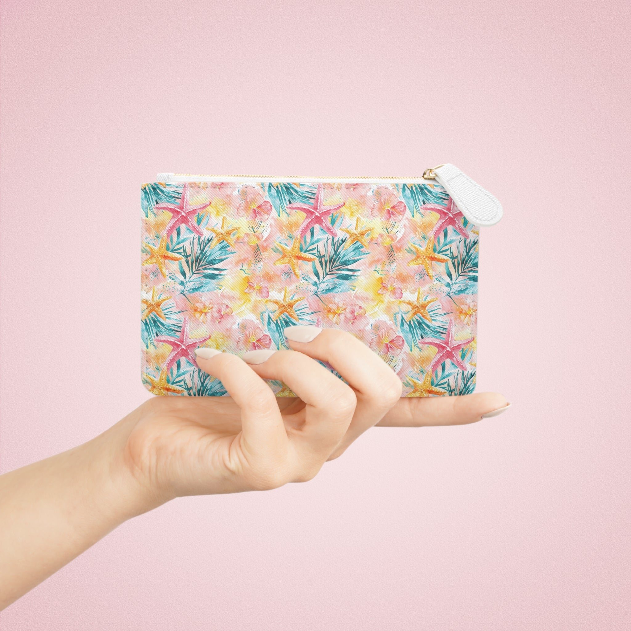 Pink Tropical Starfish Mini Vegan Leather Clutch Bag, Tropical Clutch Bag, Beach Bag, Gift for her