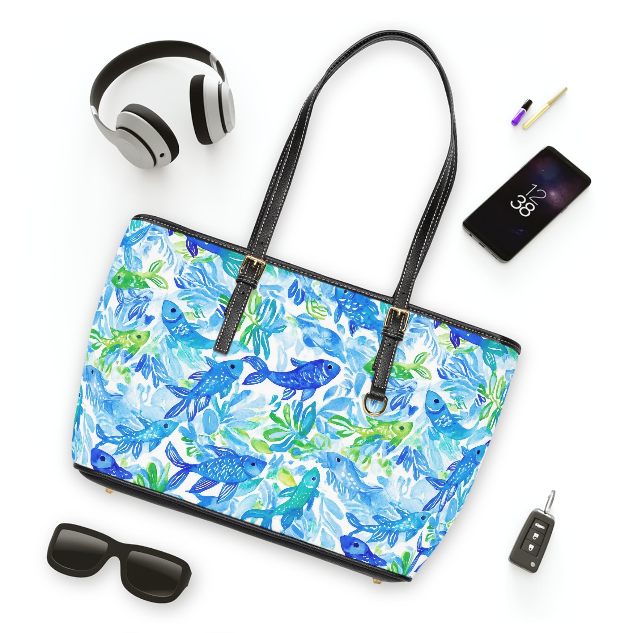 Vibrant Fish- Pattern PU Leather Shoulder Bag, Stylish Tote, Fashion Accessory, Mom Gift, Summer Bag, Beach Ready