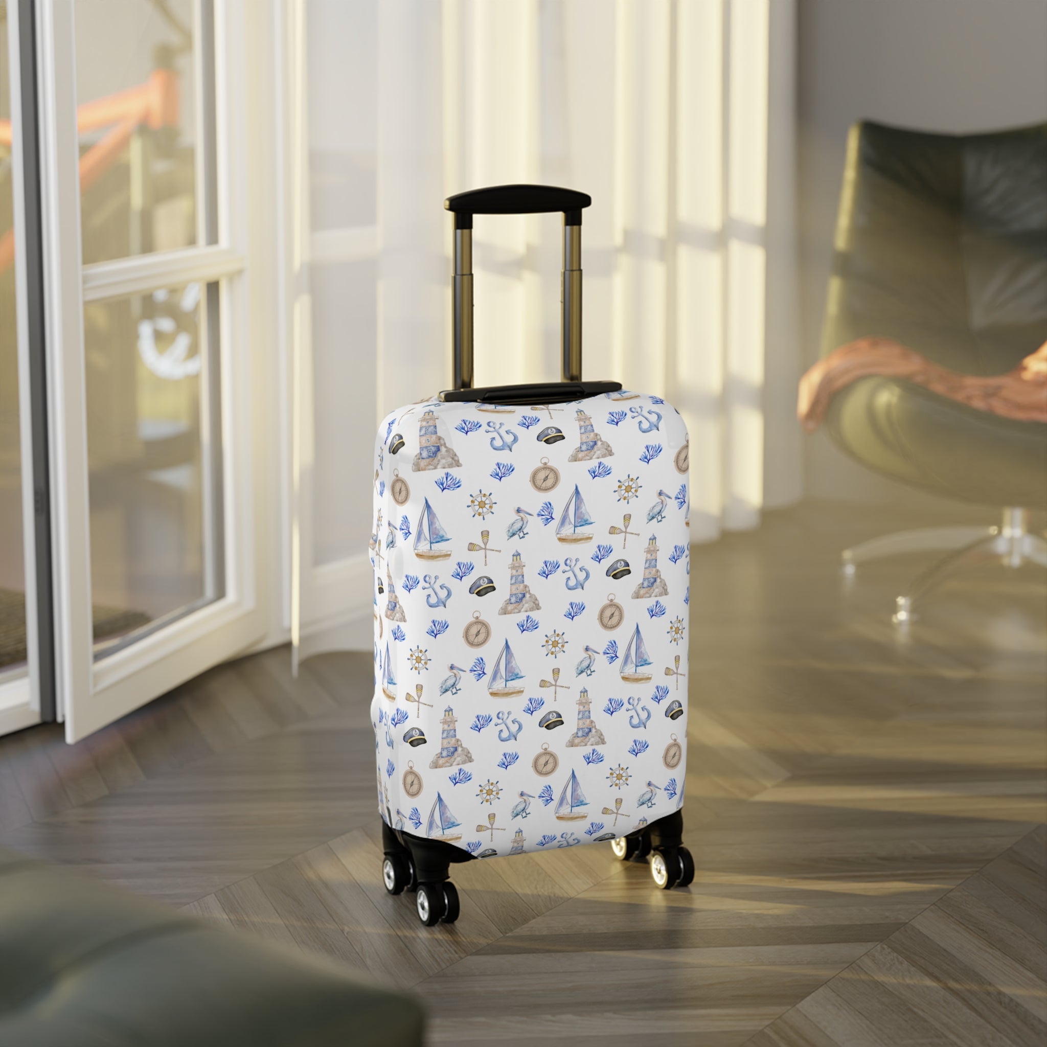 Sail Away - Nautical Luggage Cover, Travel Accessory, Beach Vacation Gear, Suitcase Protector, Gift for Travelers, Sailor Theme