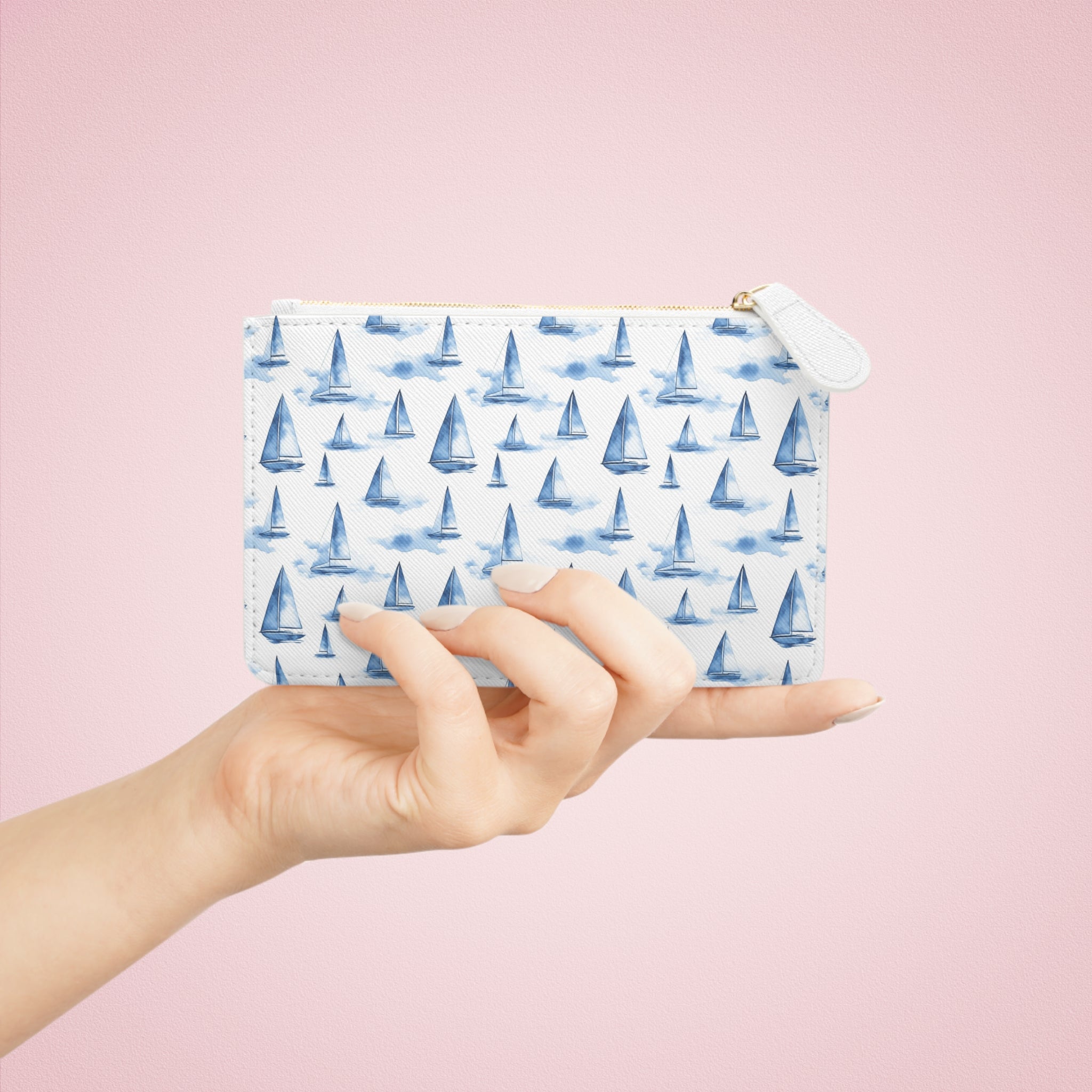 Blue Sailboat  Mini Vegan Leather Clutch Bag, Beach Accessory, Travel Cosmetic Pouch, Gift for Sailors, Marine Themed Handbag