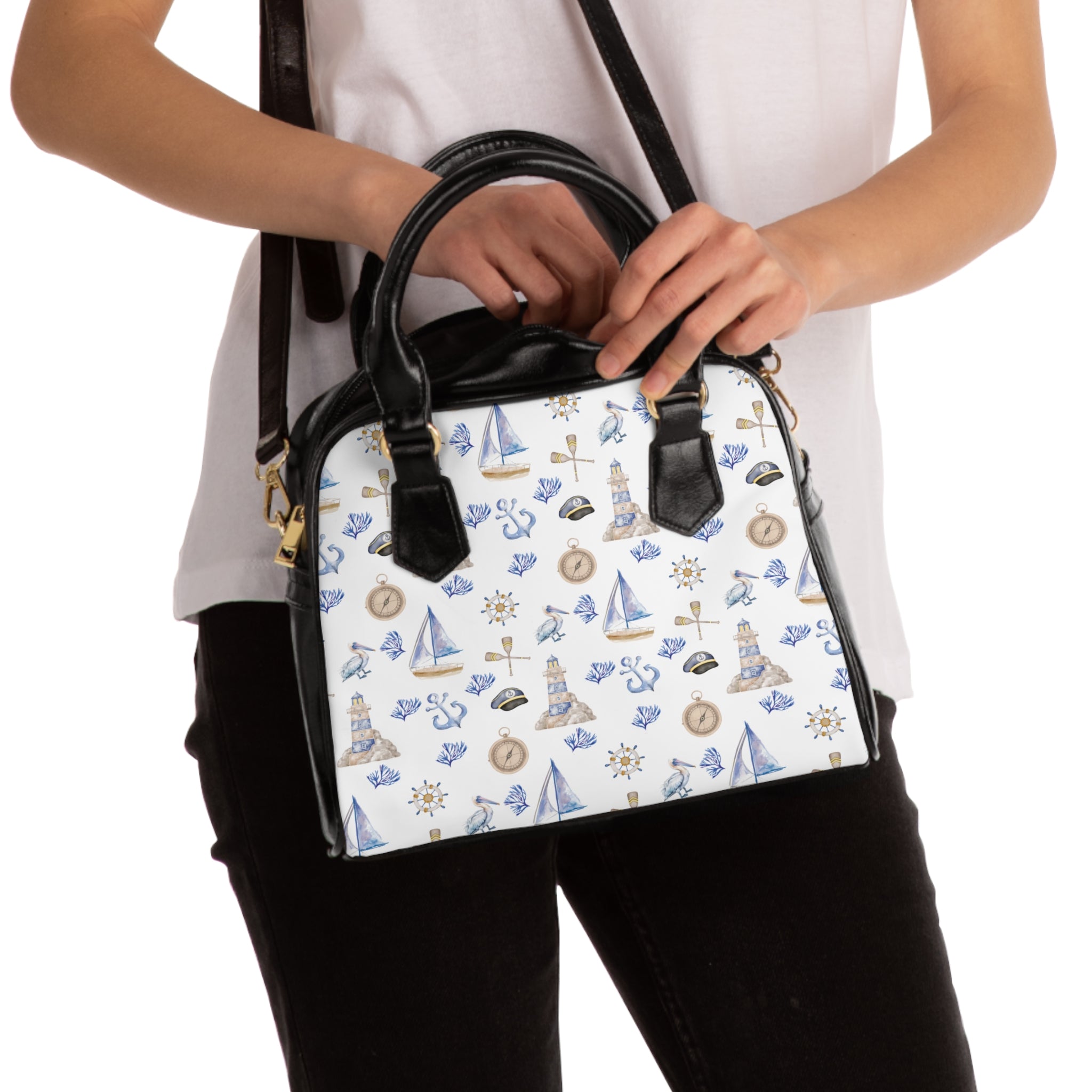 Sail Away- Shoulder Handbag, sailboat and light house pattern