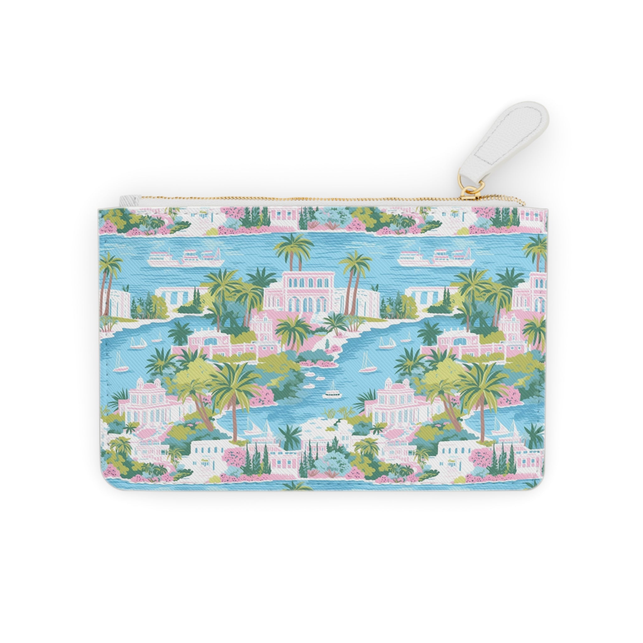 Greek Island Mini Vegan Leather Clutch Bag, Stylish Travel Pouch, Summer Accessory, Essential for Parties, Unique Gift for Her
