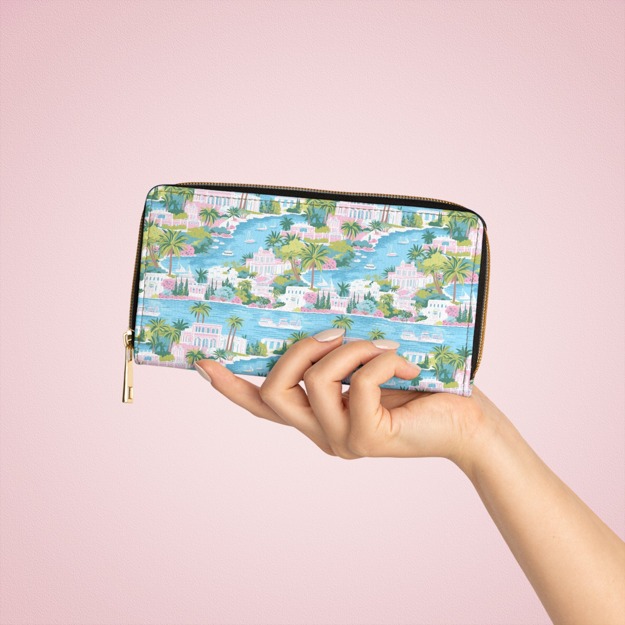 Greek Island Vegan Leather Wallet, Tropical Zipper Wallet, Summer Accessory, Travel Wallet, Gift for Her, Cute Clutch, Beach Vacation Essential